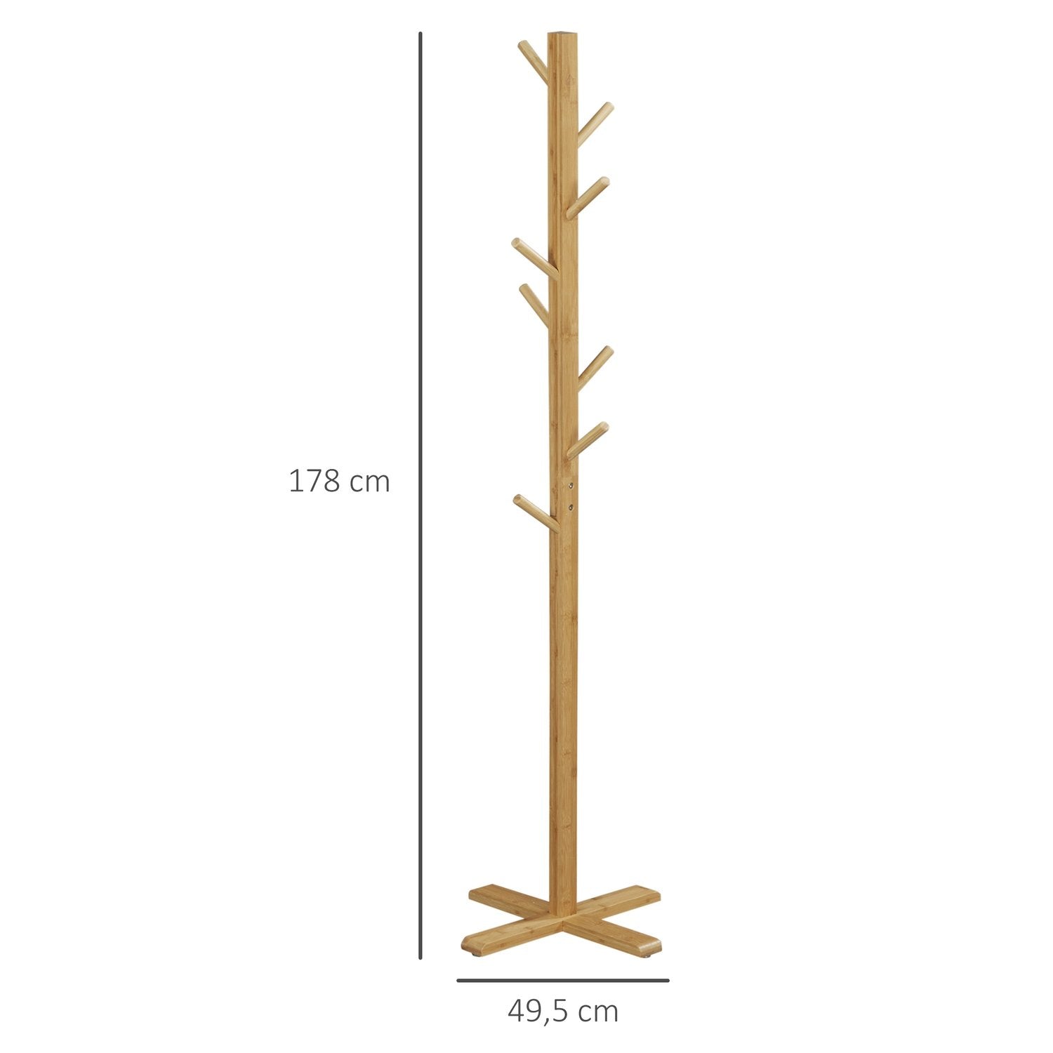 Bambus tøjbøjle med 8 kroge, tøjbøjle til hall, soveværelse, natur, 49,5X49,5X178Cm