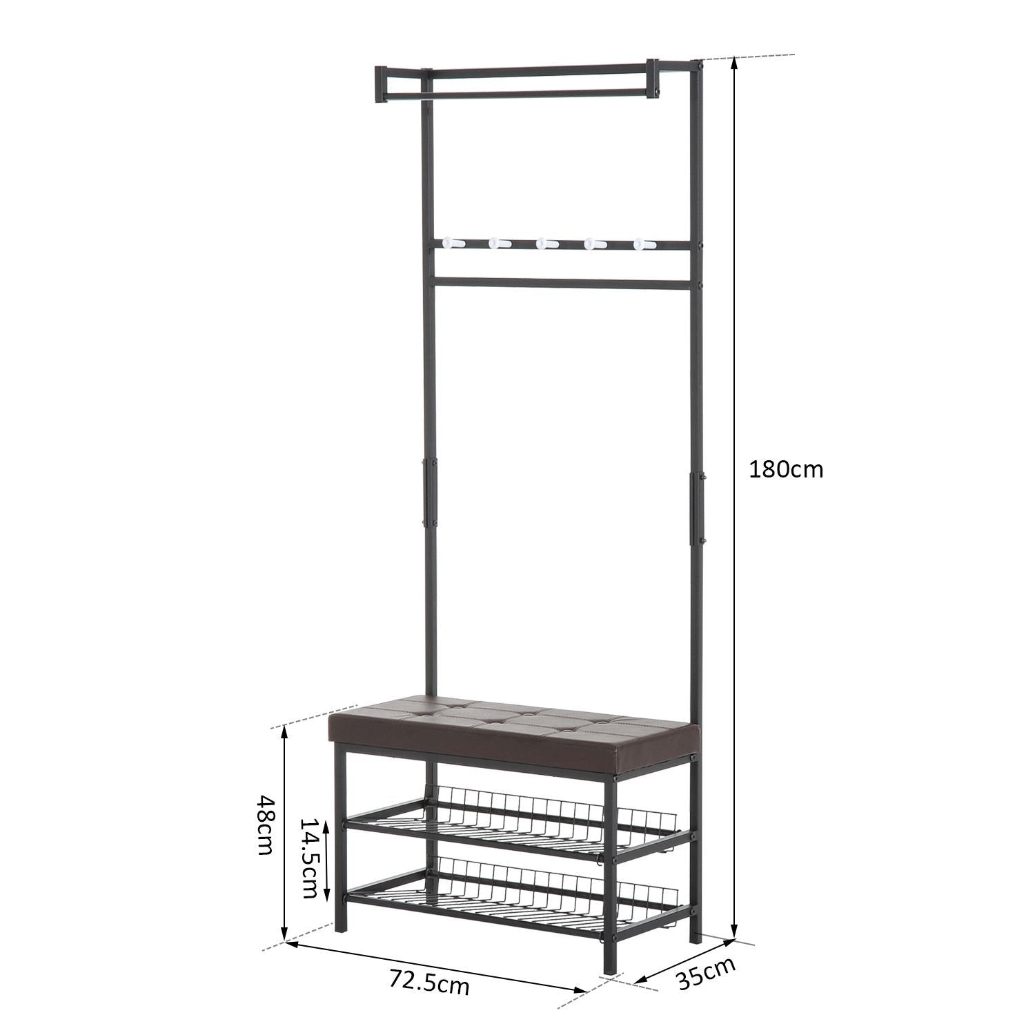 Tøjbøjle med bænk, tøjbøjle &amp; skohylde, metal, 2 skohylder, sæde, 72,5X35X180Cm