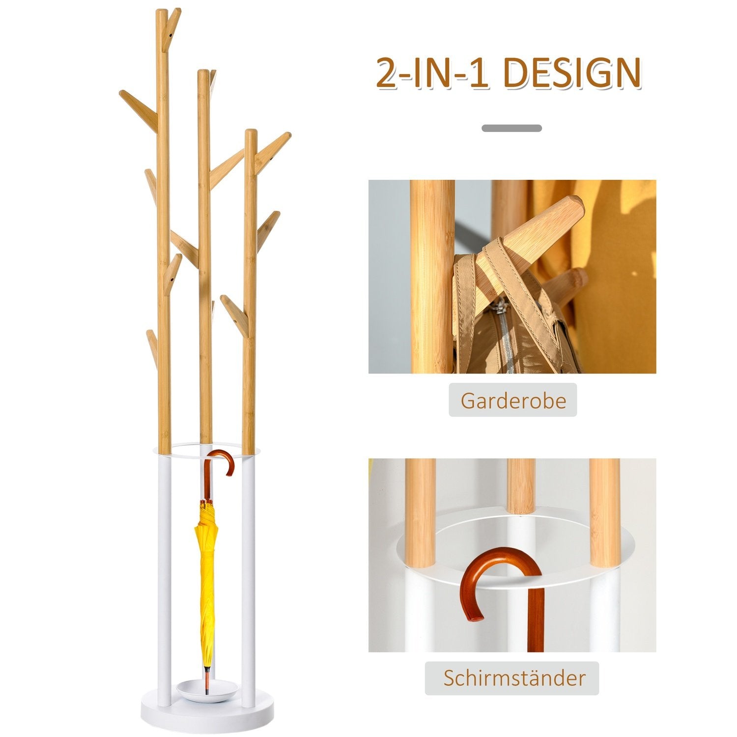 Tøjstativ med 13 kroge, moderne paraplystativ, metalbambus, natur + hvid