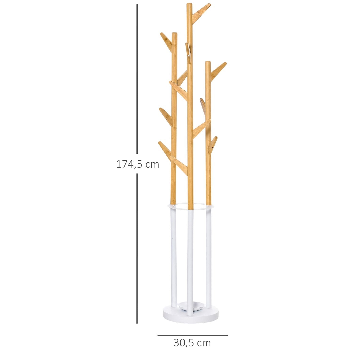 Tøjstativ med 13 kroge, moderne paraplystativ, metalbambus, natur + hvid