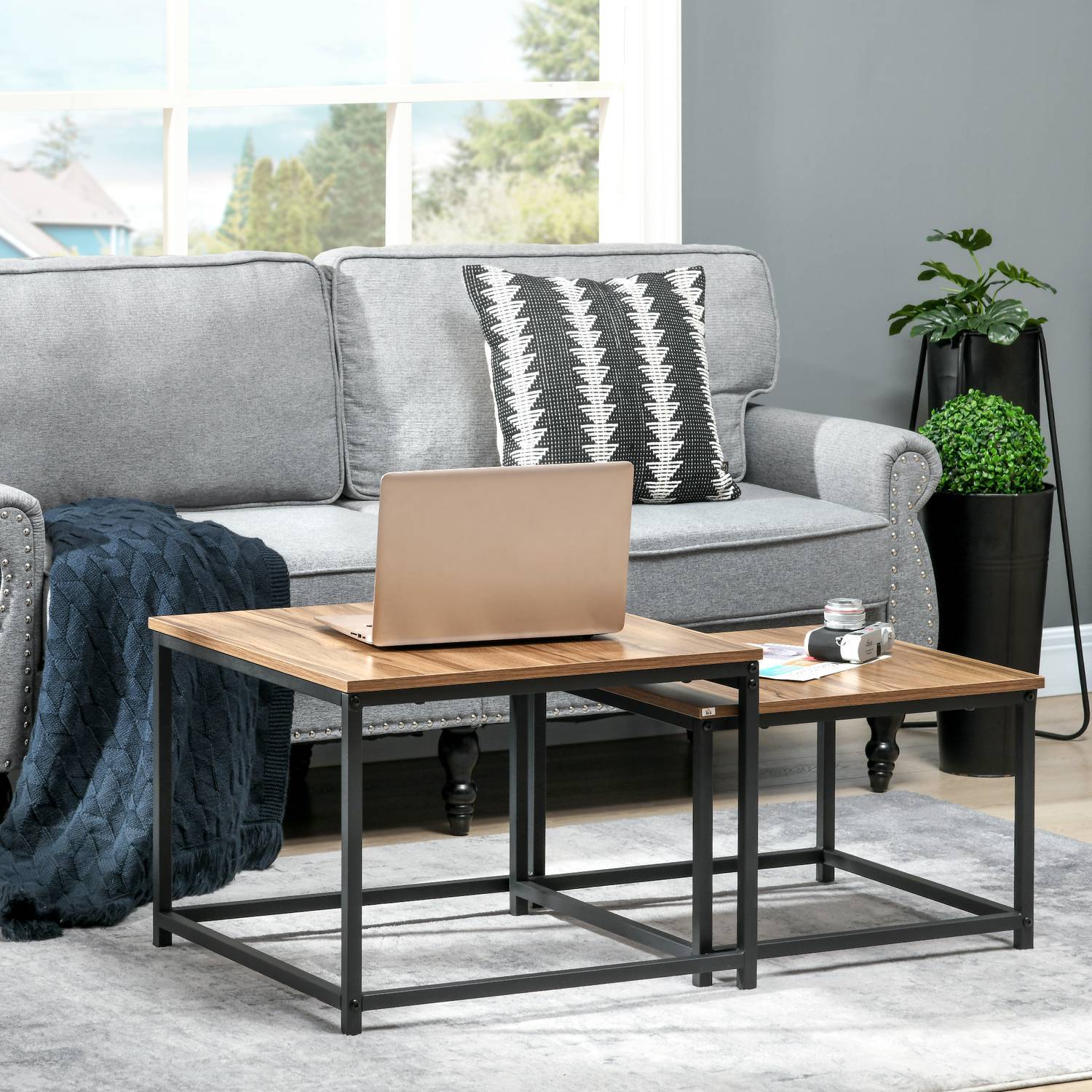 Soffbordsset Med 2 Sidobord I Industriell Design, Vardagsrumsbord Med Trälook, Stål, Natur