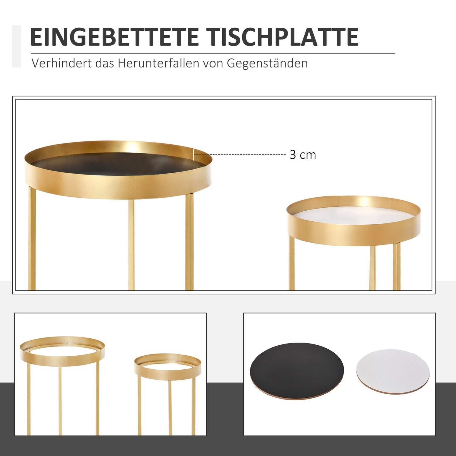 Soffbordsset Med 2 Sidobord Med Upphöjd Kant, Rund, Retrodesign, Mdf Metall, Guld