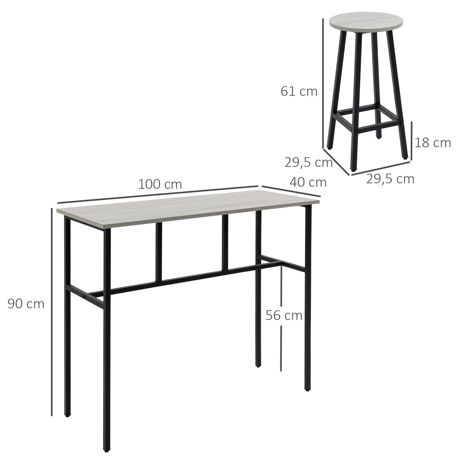 Spisegruppe 6-delt siddegruppe med 2 barborde og 4 stole, industrielt design, barstolssæt, strimler/stål, grå+sort