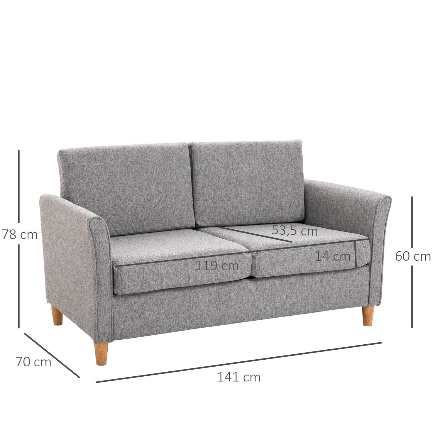 Dobbelt sofa, komfortabel sofa, aftagelig med hynder, hør, lysegrå, 141X65X78Cm