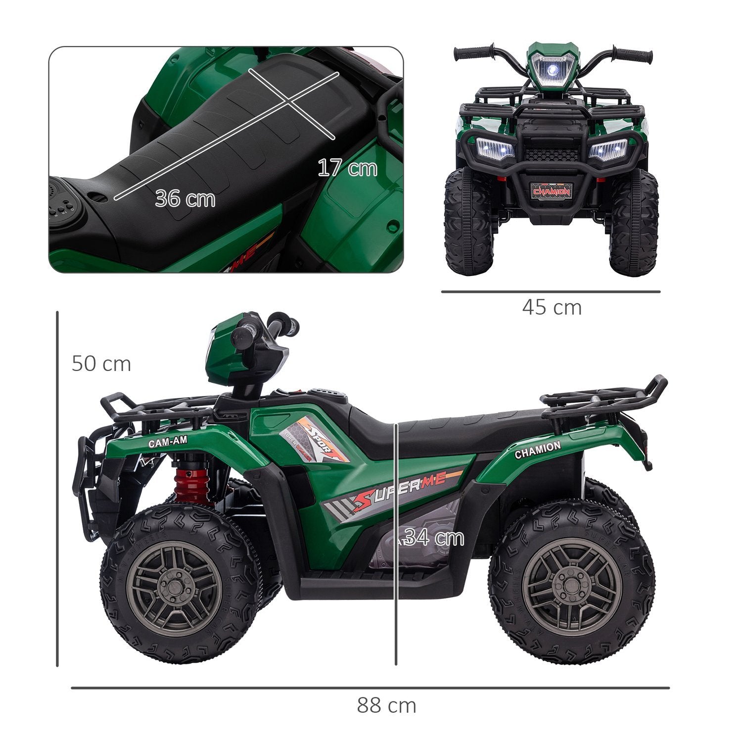 El-quad bike til børn, Elektrisk quad bike med spor og musik, til børn fra 3 år og opefter, børnemotorcykel, sort+grøn, 88 x 45 x 50 cm