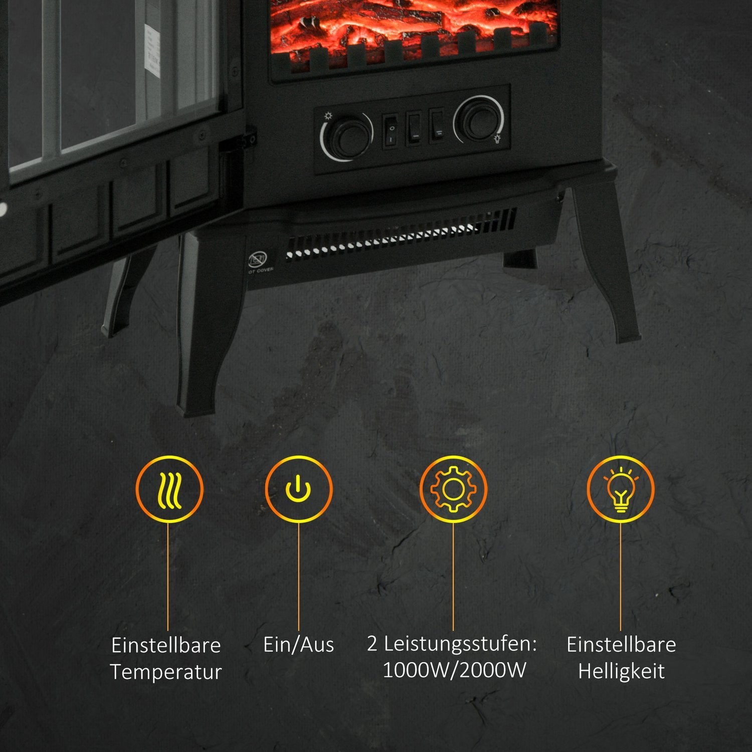 Elektrisk Öppen Spis, Golvstående Öppen Spis Med Låg Ljudnivå Med Led-Flammeffekt, 2000W Öppen Spis, Elektrisk Spis Med Värmeskydd I Metall