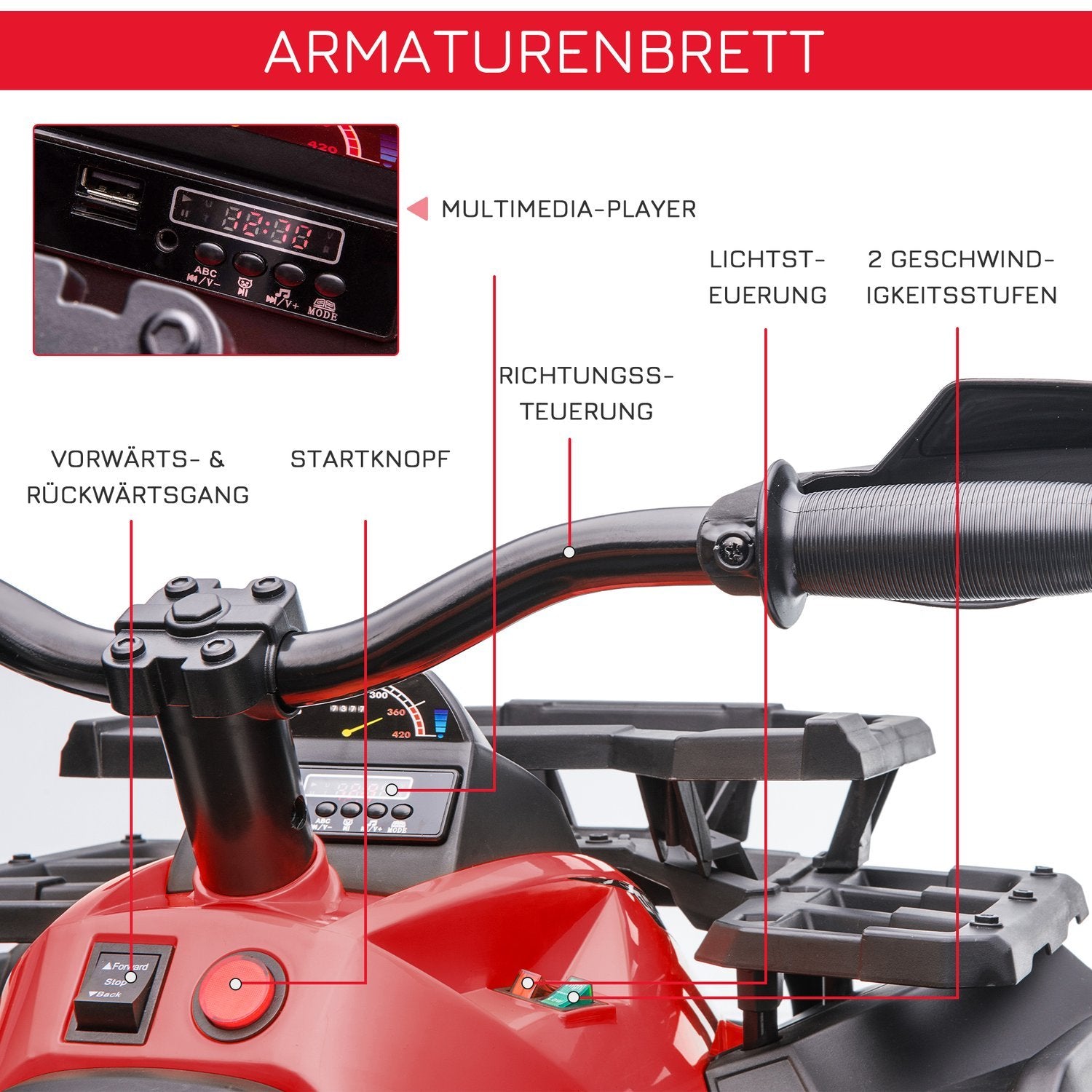 Elektrisk quadcykel 12V børnequad med forlygte, usb port, mp3 musikafspiller, 3-5 år, 3-8 km/t, metal, rød