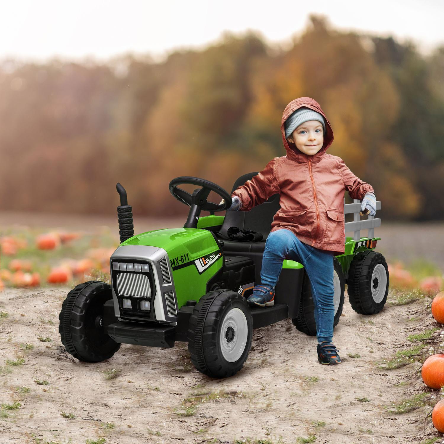 El-traktor med trailer, børnebil med fjernbetjening, ride-on traktor til børn med MP3-funktion, forlygter