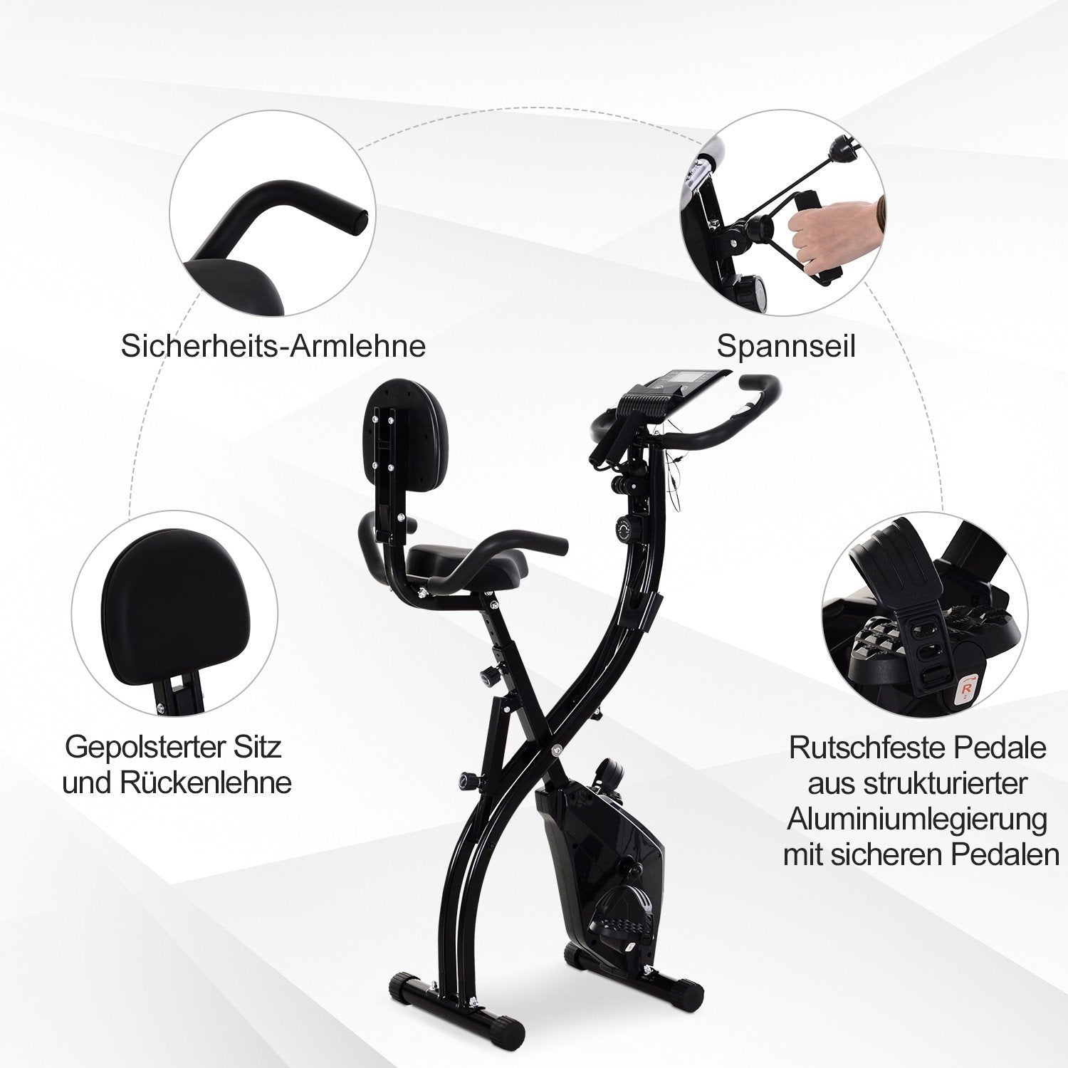 Motionscykel 2-i-1 cykeltræner Hjemmetræner Folde-motionscykel med 8 niveauer af justerbar magnetisk modstand og 1 par stålspændereb