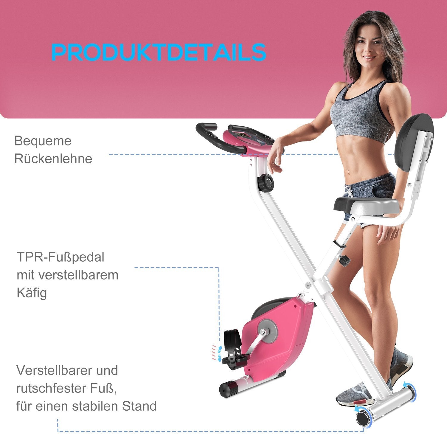 Motionscykel F-Bike cykeltræner med 8 niveauer af justerbar magnetisk modstand, højdejusterbar stål pink + hvid 43 x 97 x 109 cm