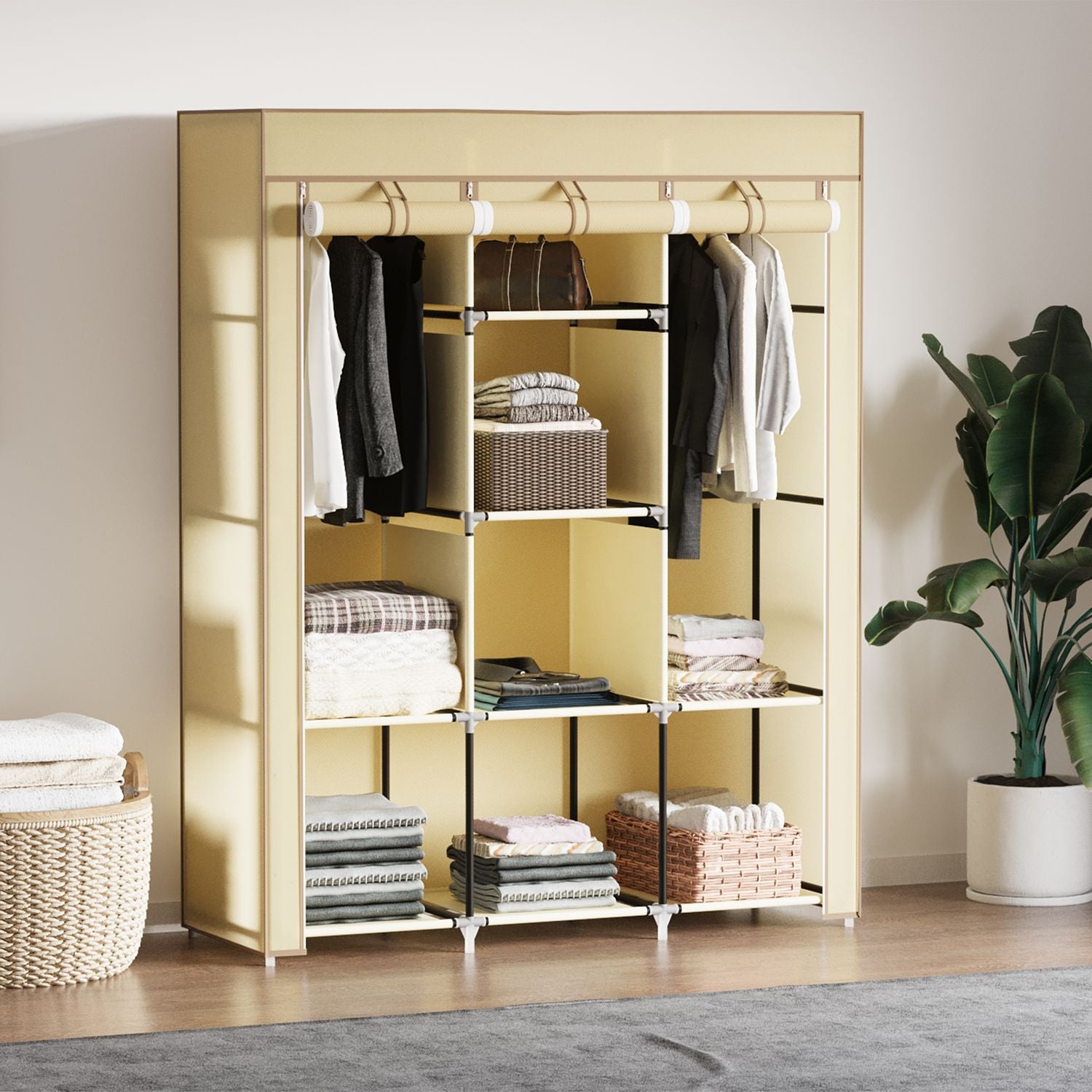 Stofgarderobe garderobeskab med tøjstang, 8 etager, foldeskab, fiberstof, beige, 125X43X162,5 cm