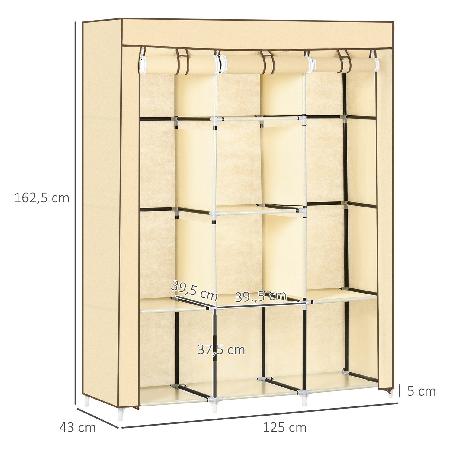 Stofgarderobe garderobeskab med tøjstang, 8 etager, foldeskab, fiberstof, beige, 125X43X162,5 cm