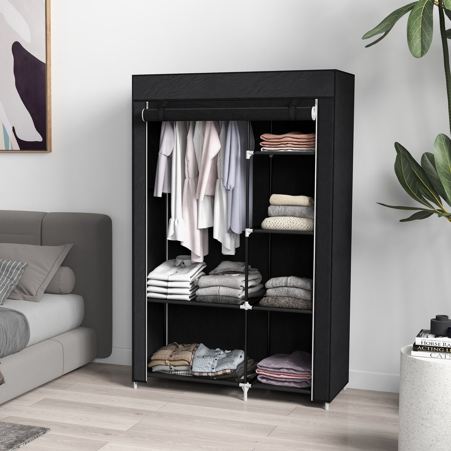 Stofgarderobe 6 rum Sammenfoldelig garderobe i fleecelook sort 103X43X162,5 cm