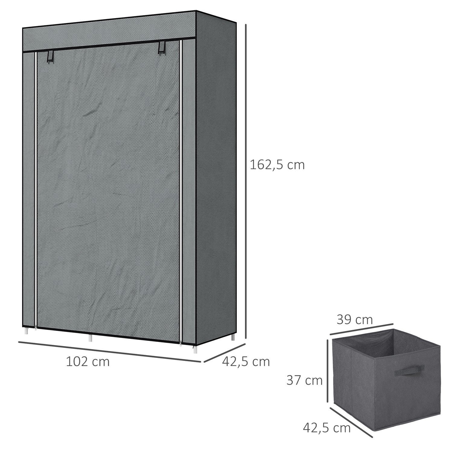 Stofgarderobe, foldeskab med skuffer og tøjstang, lynlås, garderobeskab, non-woven, mørkegrå