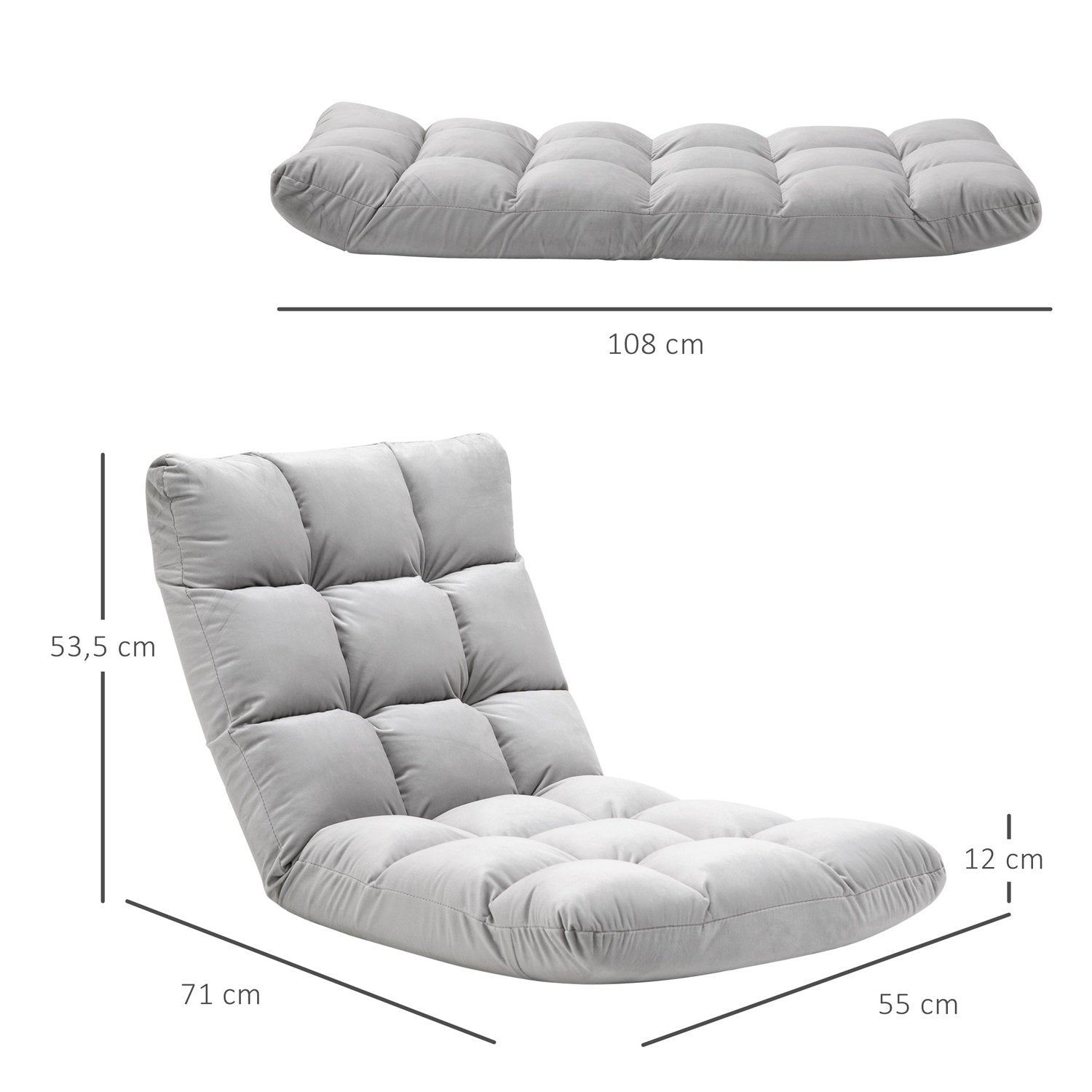 Gulvstol 3-i-1 sammenklappeligt justerbart ryglæn 13 positioner Sammenklappelig liggestol Grå metalskum 55X71X53,5Cm