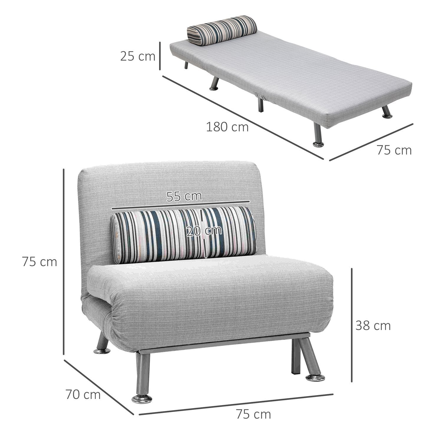 Hopfällbar Säng, Bäddsoffa, Hopfällbar Madrass, Metall, Grå, 75X70X75Cm