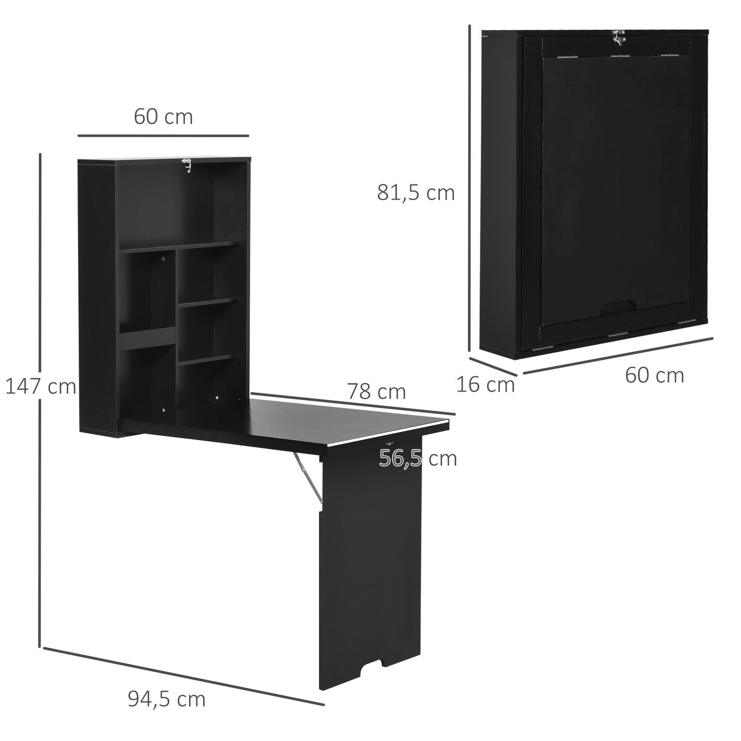 Sammenklappeligt vægbord, sammenklappeligt skrivebord, computerbord med tavle, 60 x 94,5 x 147 cm