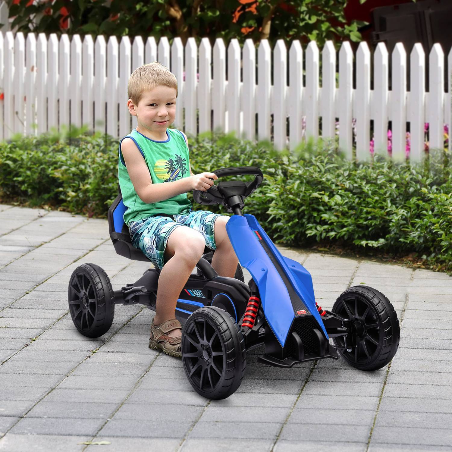 Gokart, Barnfordon Med Justerbart Säte, Trampbil, Trampbil Med Handbroms, Kettcar För Barn 3-8 År, Blå