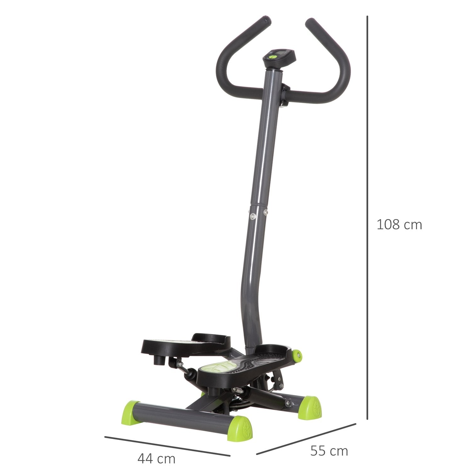 Hometrainer Stepper Fitness Swing Stepper Med LCD-skærm og Håndtag Op til 100 Kg Stål Abs Grå + Grøn 55 X 44 X 108 Cm