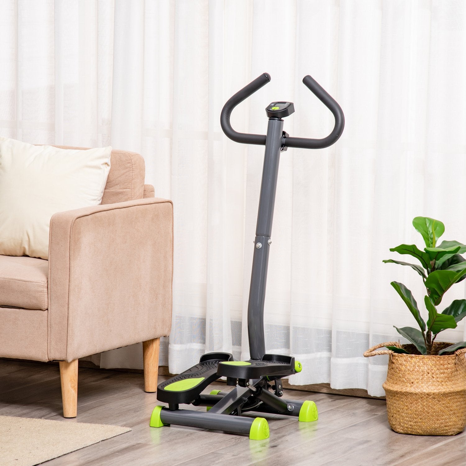 Hometrainer Stepper Fitness Swing Stepper Med LCD-skærm og Håndtag Op til 100 Kg Stål Abs Grå + Grøn 55 X 44 X 108 Cm