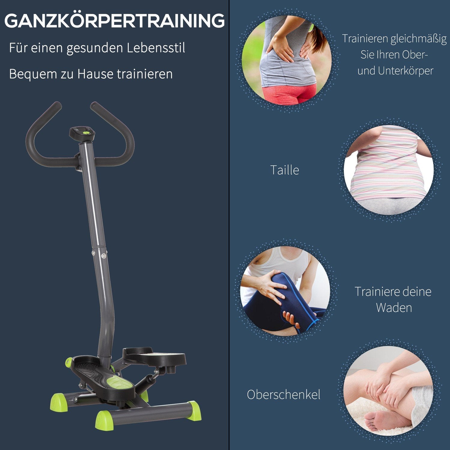 Hometrainer Stepper Fitness Swing Stepper Med LCD-skærm og Håndtag Op til 100 Kg Stål Abs Grå + Grøn 55 X 44 X 108 Cm