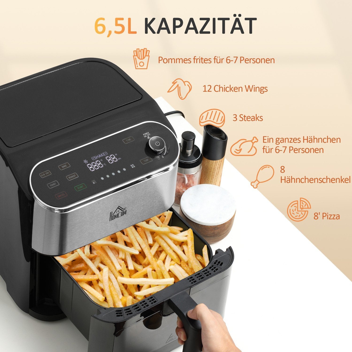 Hot Air Fryer Airfryer Med Touch Screen 6,5 L 1350 W 4 I 1 Design Frituregryde Med Timer, Displayvindue, non-stick kurv og overophedningsbeskyttelse