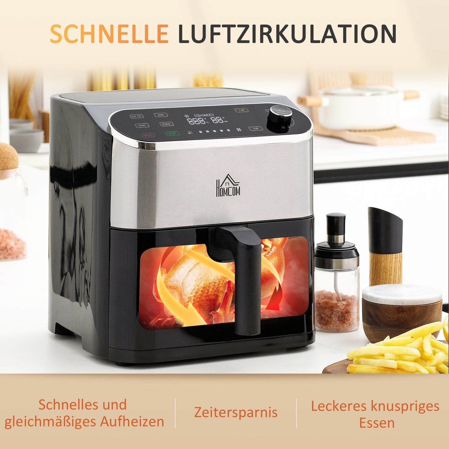 Hot Air Fryer Airfryer Med Touch Screen 6,5 L 1350 W 4 I 1 Design Frituregryde Med Timer, Displayvindue, non-stick kurv og overophedningsbeskyttelse