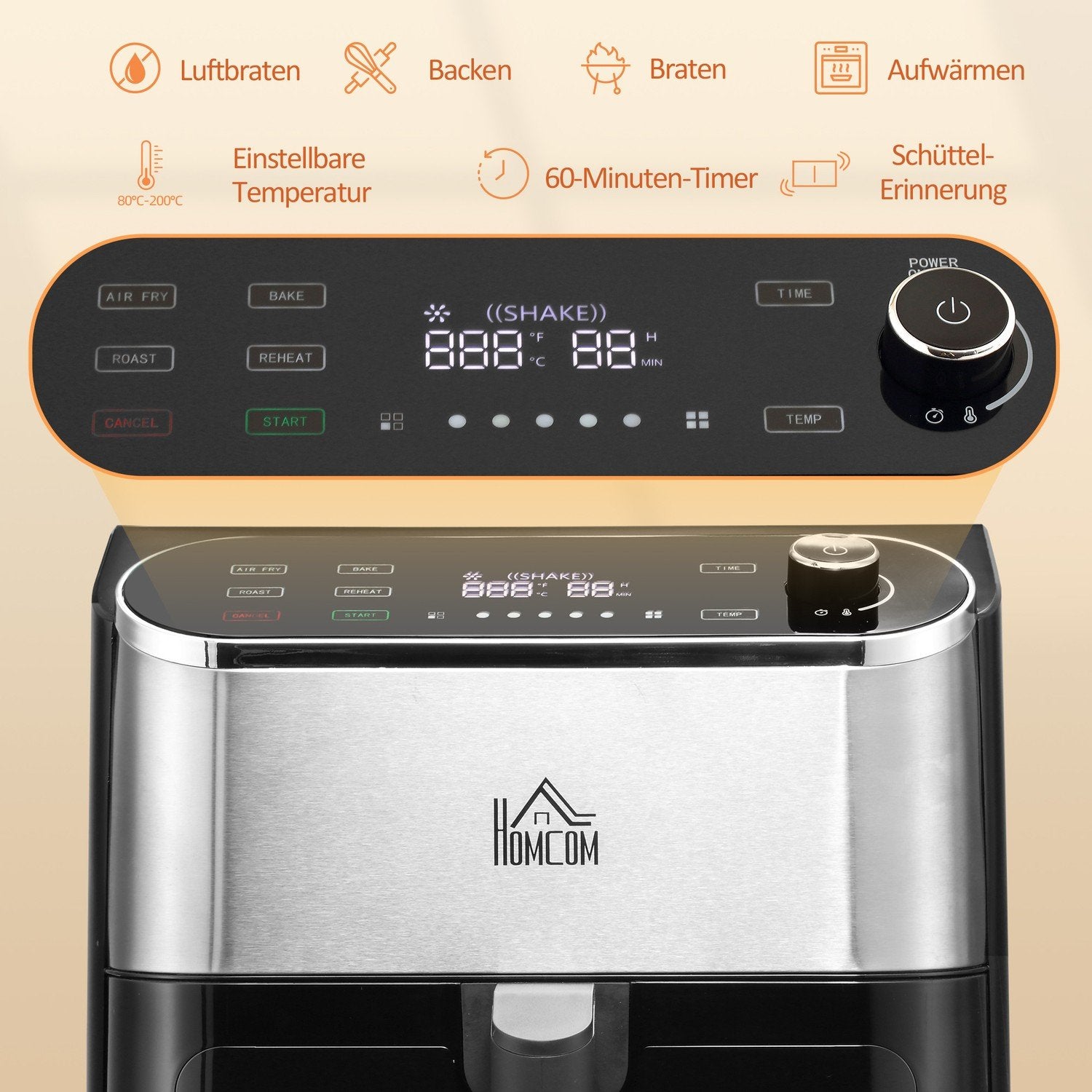 Hot Air Fryer Airfryer Med Touch Screen 6,5 L 1350 W 4 I 1 Design Frituregryde Med Timer, Displayvindue, non-stick kurv og overophedningsbeskyttelse