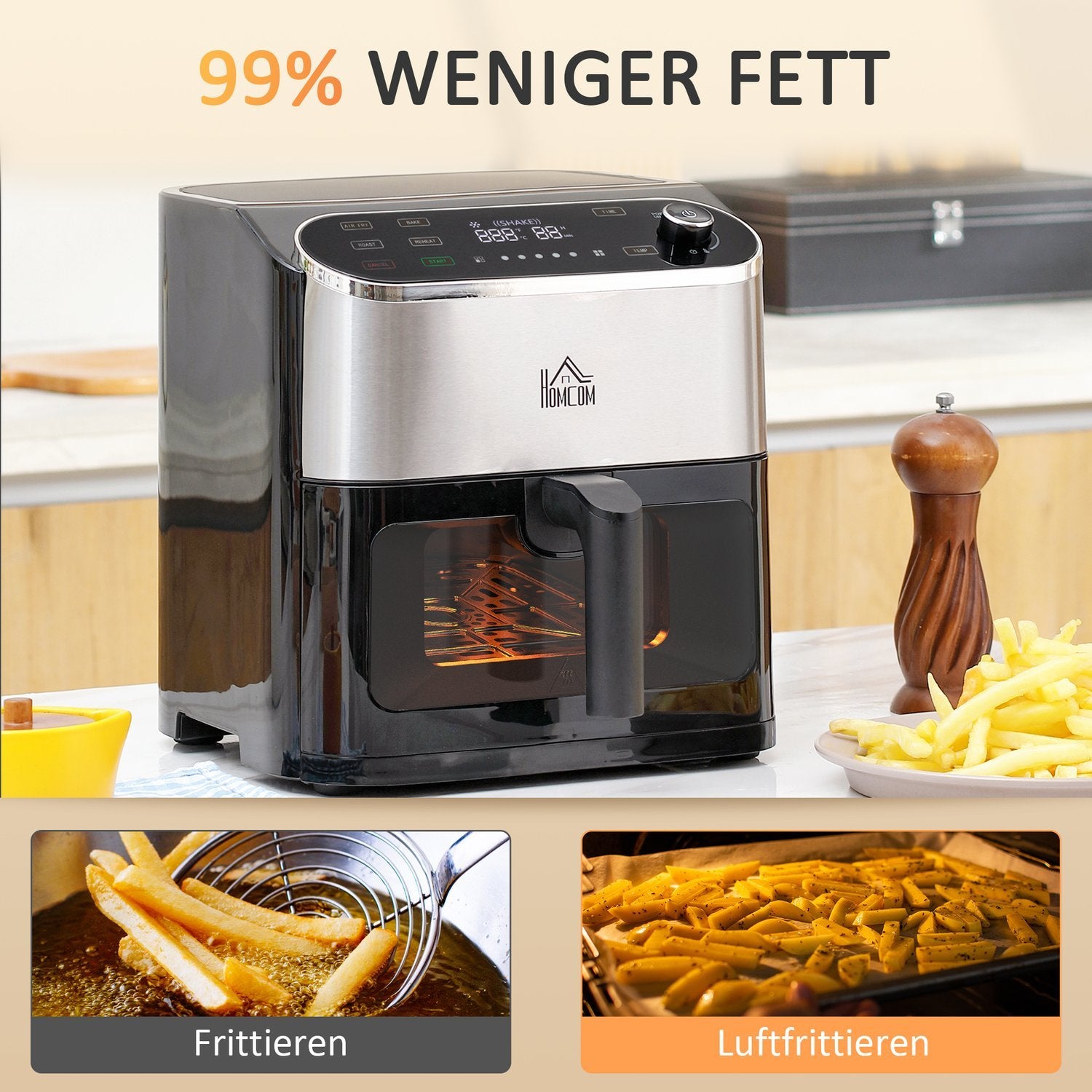 Hot Air Fryer Airfryer Med Touch Screen 6,5 L 1350 W 4 I 1 Design Frituregryde Med Timer, Displayvindue, non-stick kurv og overophedningsbeskyttelse