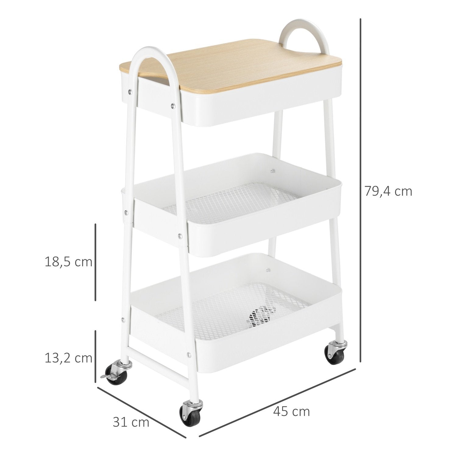 Köksvagn 3-Vånings Metallvagn Med Stort Förvaringsutrymme Och Lock, För Kök Och Kontor, Stål, Vit, 45X31X79,4Cm