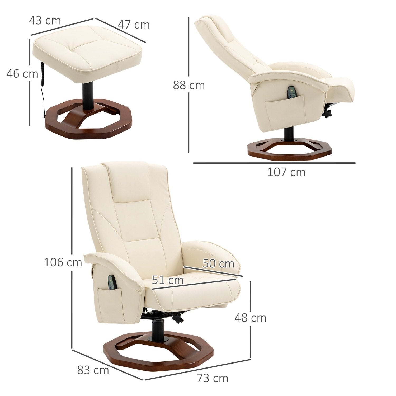 Massagestol, Relaxstol Med Fotpall, Tv-Stol, Fåtölj, 360° Vridbar, Konstläder, Stål, Krämvit + Brun, 73 X 83 X 106 Cm