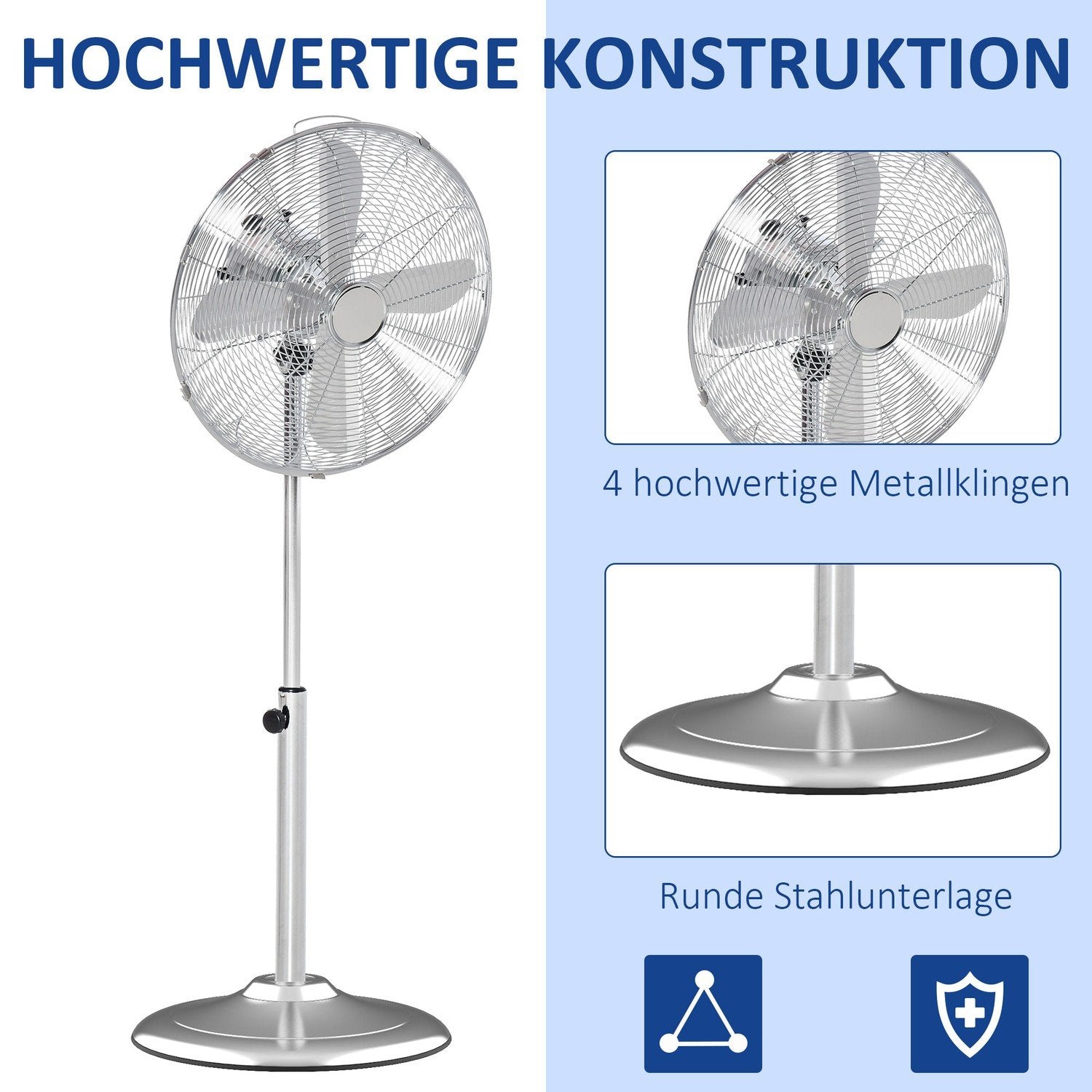 Piedestalfläkt 120Cm, Höjdjusterbar, 3 Hastighetsnivåer, Justerbar Lutningsvinkel, Stål, Silver