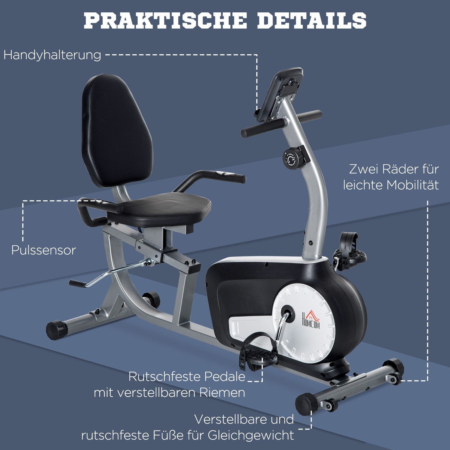 Recumbent Ergometer Motionscykel Cykeltränare Med Lcd-Display, 8-Nivåer Justerbart Magnetiskt Motstånd, Upp Till 110 Kg, Stål & Abs