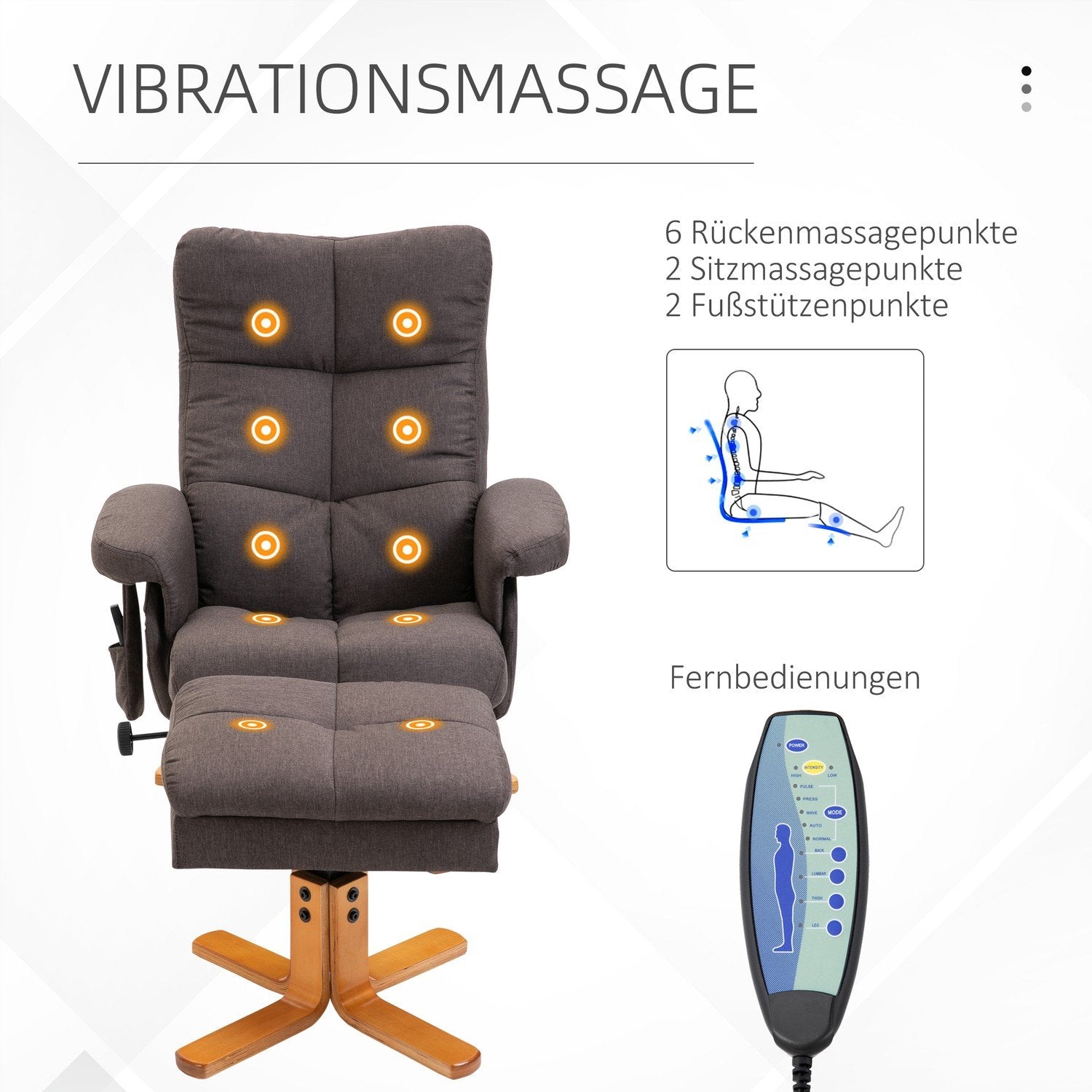 Afslapningsstol, massagestol med skammel og opbevaringsplads, tv-stol med massagefunktion, 145° hældning, polyester, brun