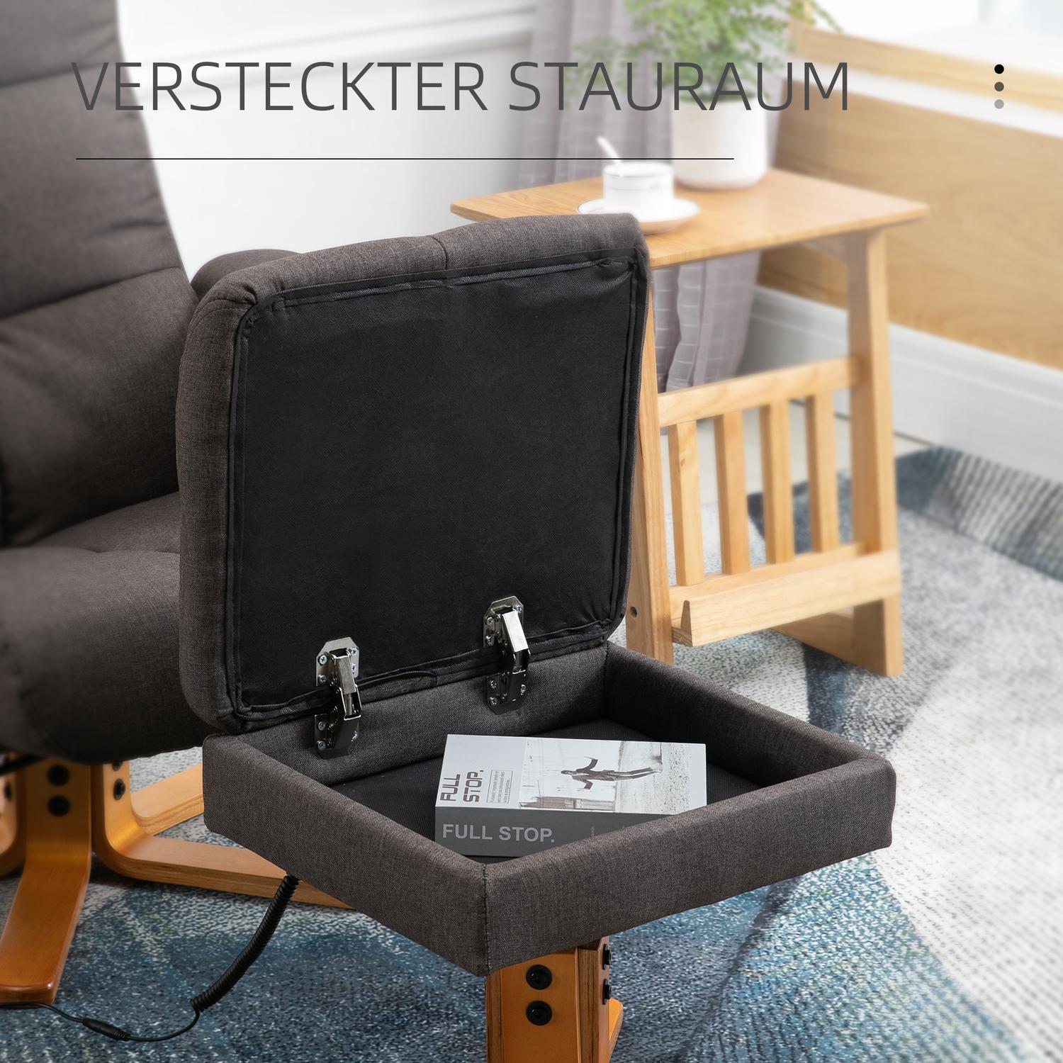 Afslapningsstol, massagestol med skammel og opbevaringsplads, tv-stol med massagefunktion, 145° hældning, polyester, brun