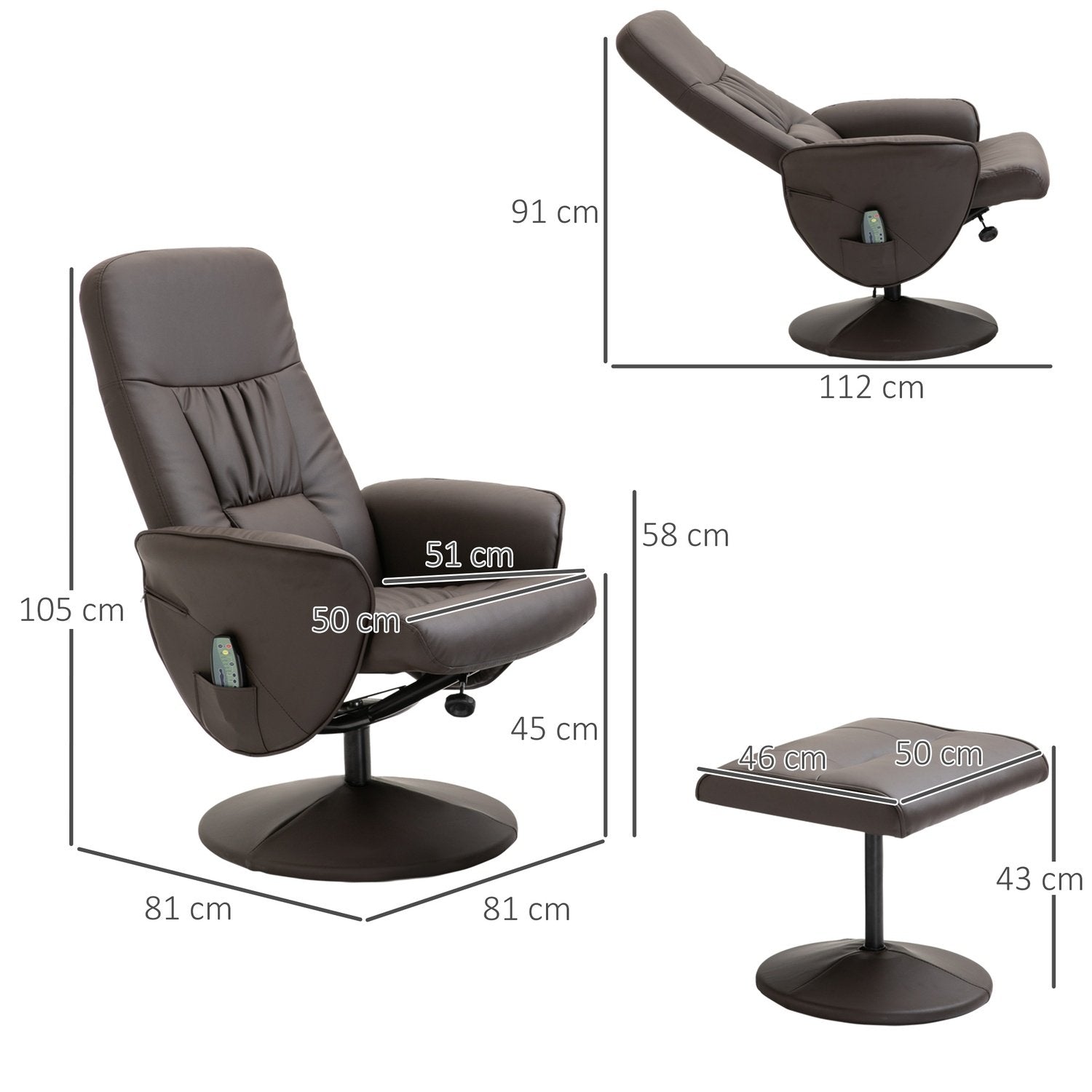 Avslappningsstol Med Fotpall Förvaringsutrymme Massagestol Tv-Stol Fåtölj Ergonomisk Stol Med 10 Vibrationspunkter Konstläder Brun 76X81X105 Cm