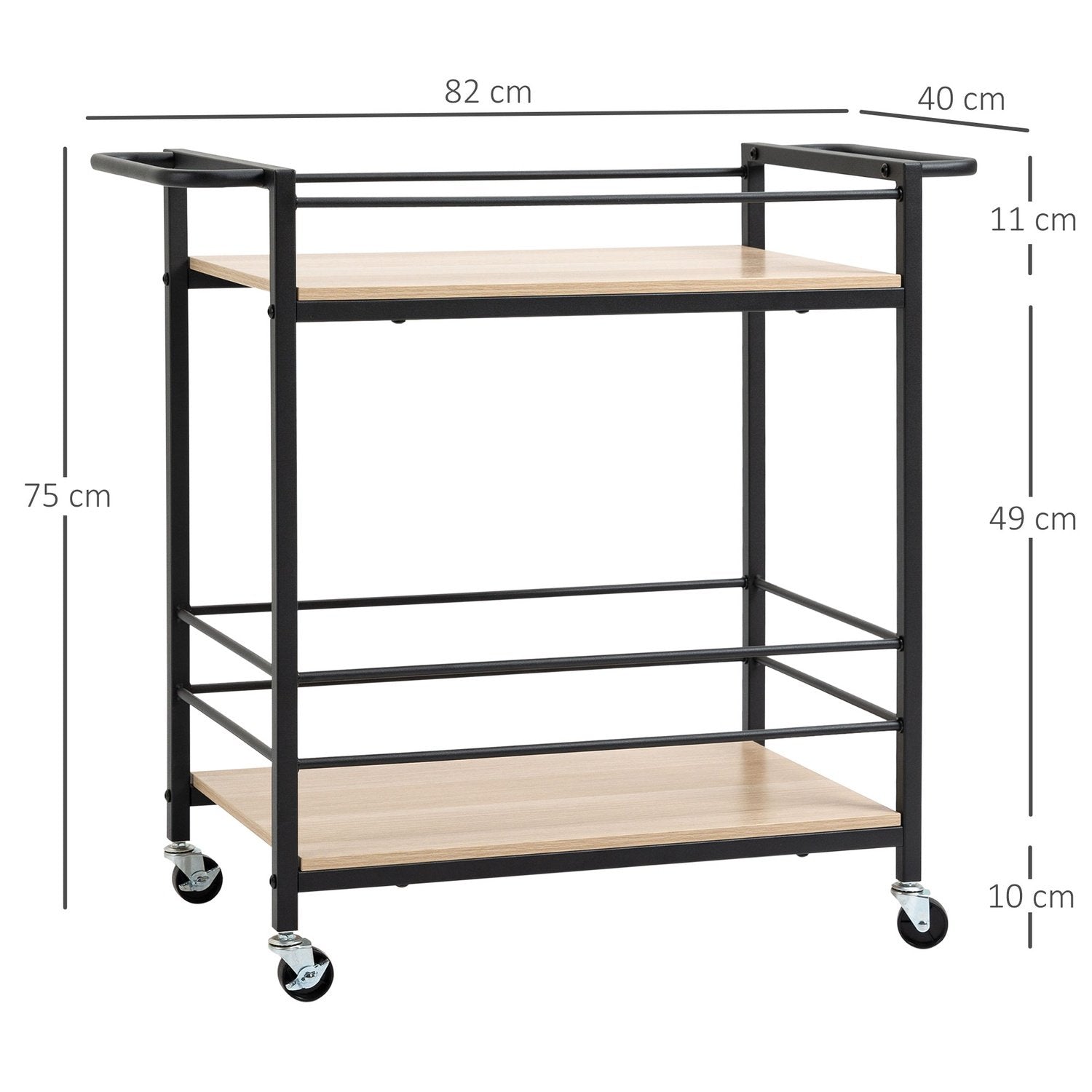 Serveringsvogn Køkkenvogn med 2 niveauer, håndtag, hjul med bremse, autoværn, bæreevne 60 kg, 82X40X75 Cm