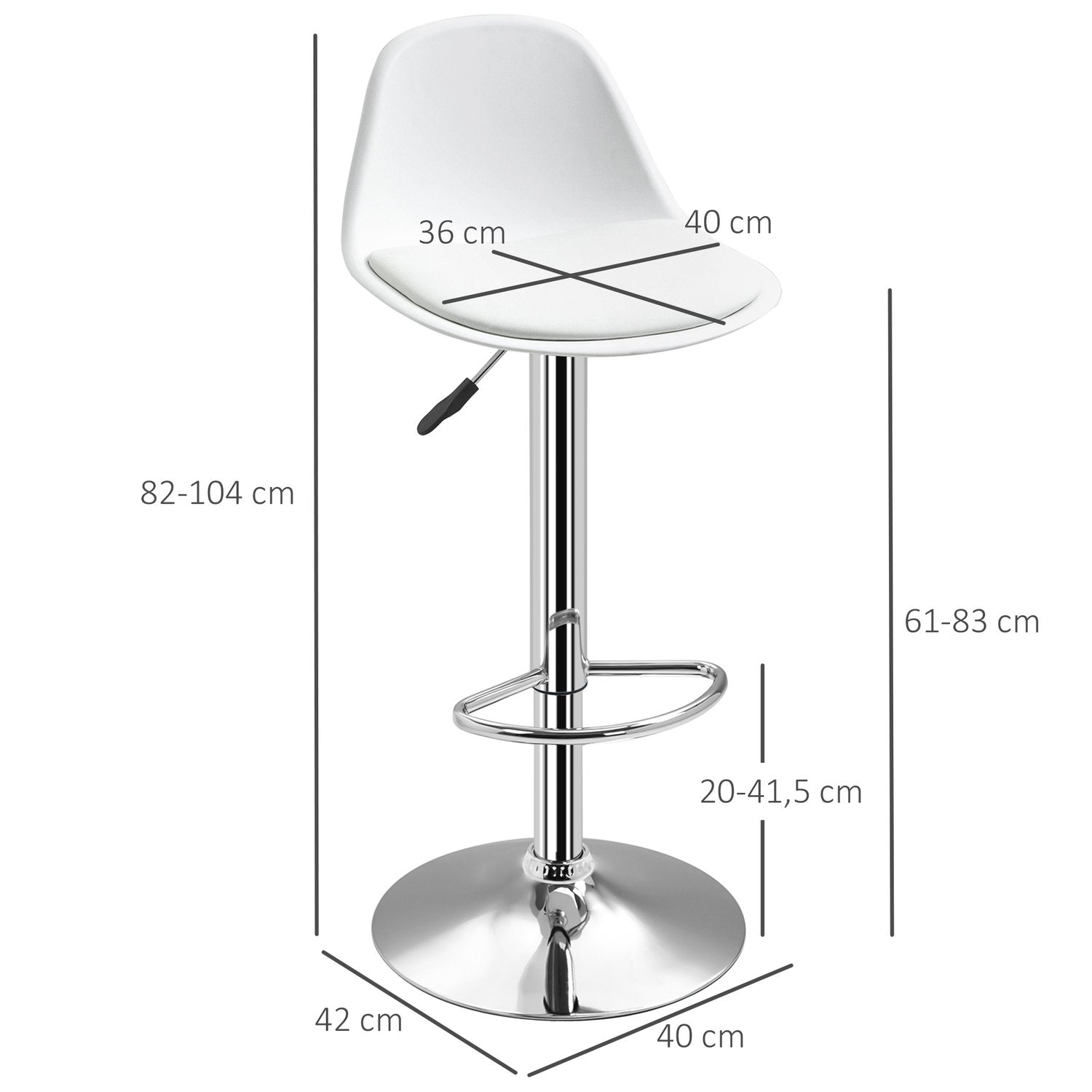 Sæt med 2 barstole drejestole med ryglæn Moderne design Højdejusterbar til bardisk Hvidt kunstlæder Stål Op til 120 kg 40X42X82-104 Cm