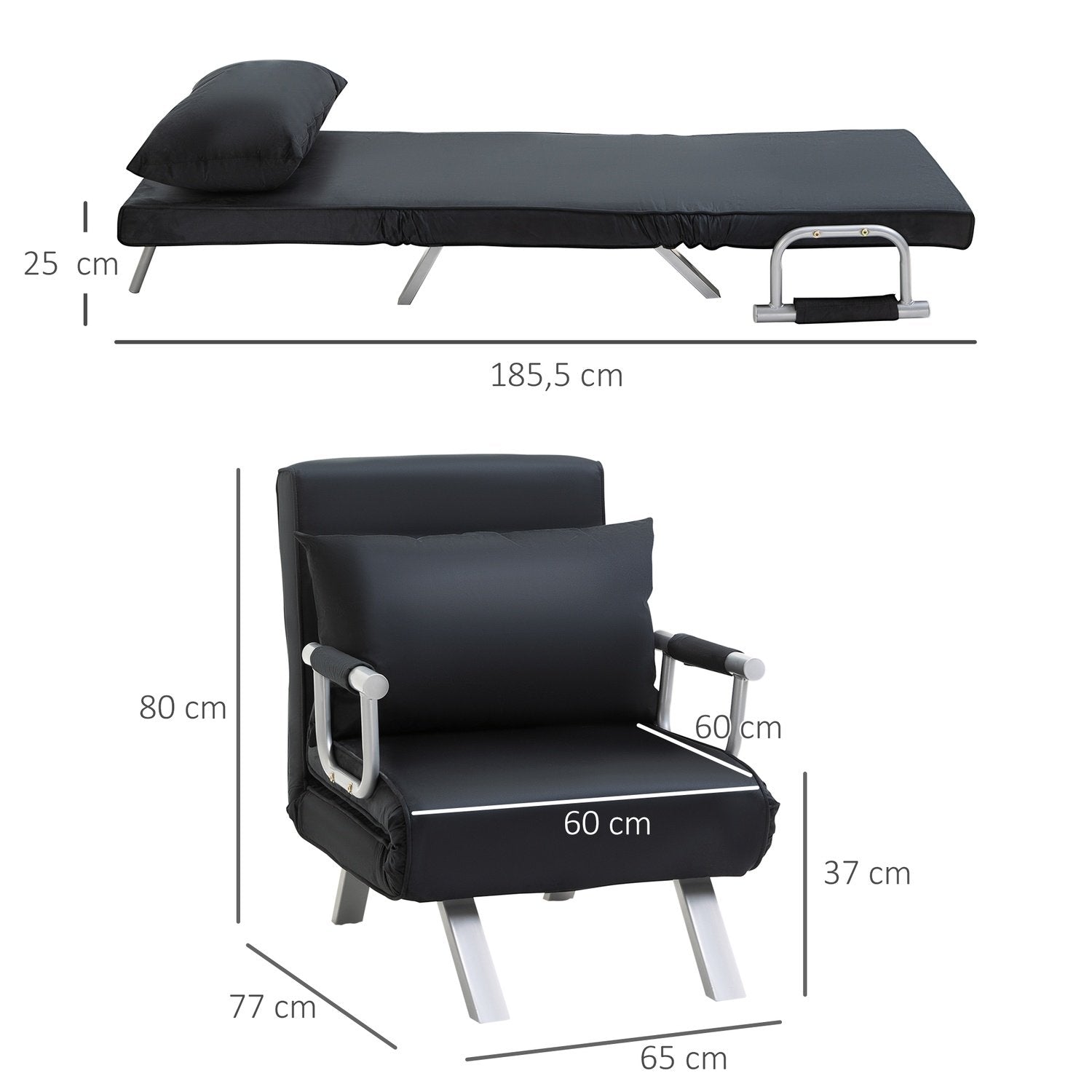 Sovesofa, 2-i-1 sovesofa, klapstol med justerbart ryglæn, pude, gæsteseng kan veje op til 120 kg, sort