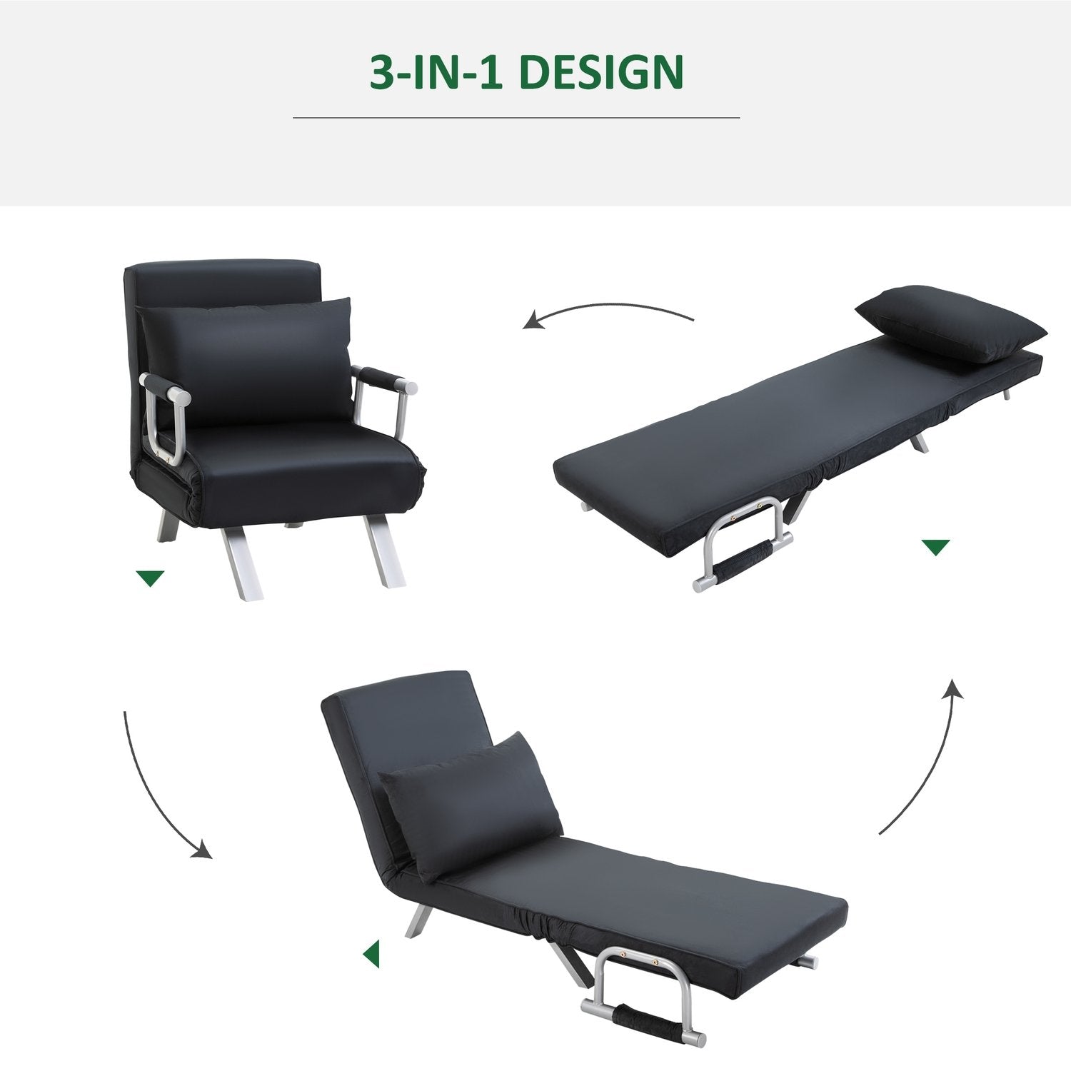 Sovesofa, 2-i-1 sovesofa, klapstol med justerbart ryglæn, pude, gæsteseng kan veje op til 120 kg, sort