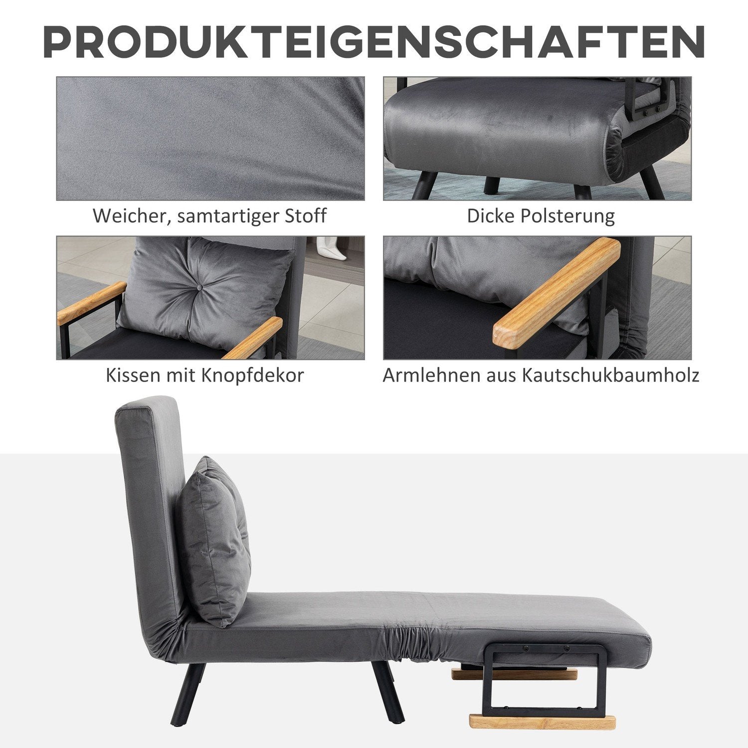 Sovesofa, Enkeltsofa med sengefunktion, Relax stol med justerbart ryglæn, Velvet look, Mørkegrå