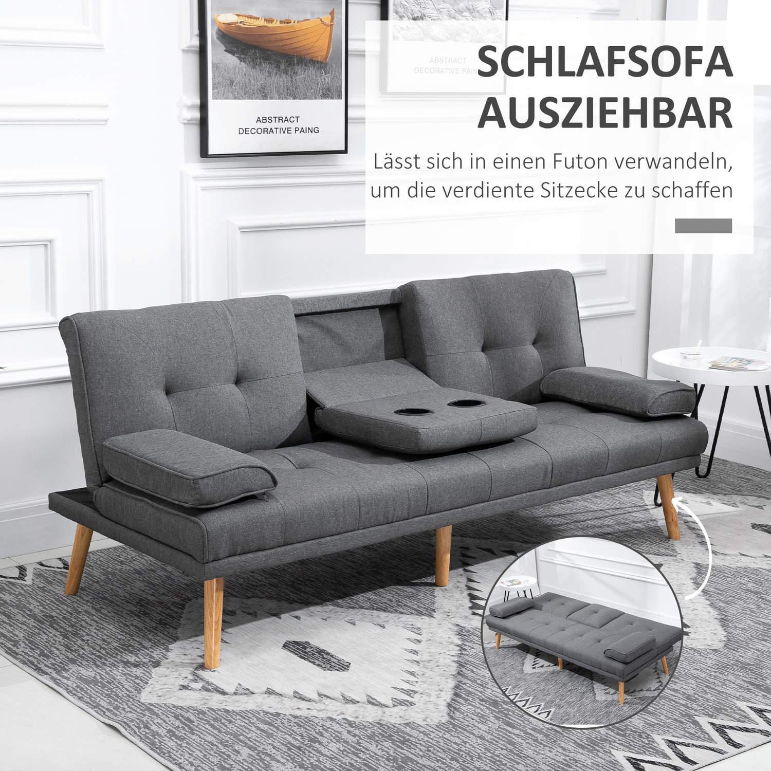 Sovesofa 3-personers sovesofa med klapbord, kopholder, Scandi Design, Mørkegrå, Op til 250 kg