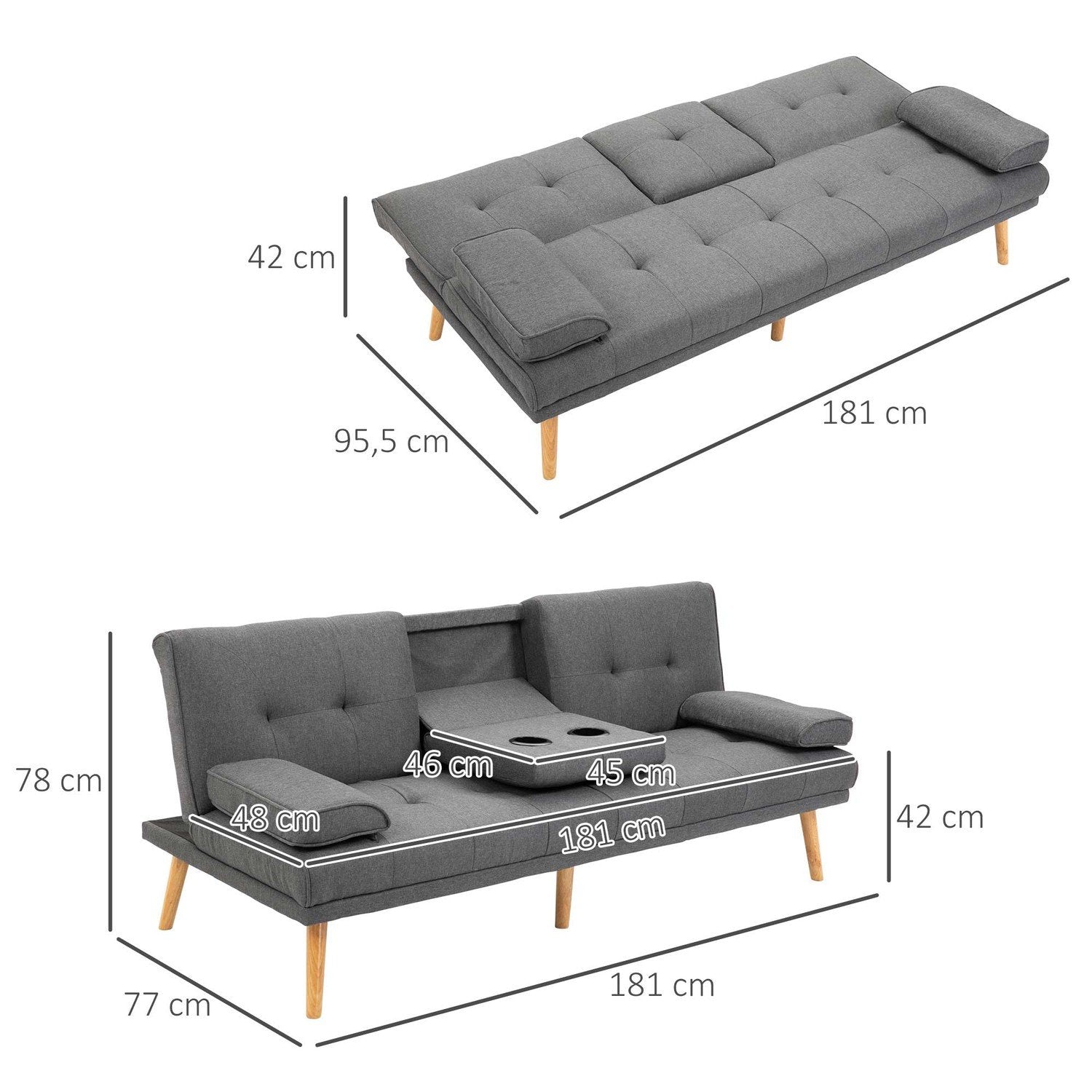 Sovesofa 3-personers sovesofa med klapbord, kopholder, Scandi Design, Mørkegrå, Op til 250 kg