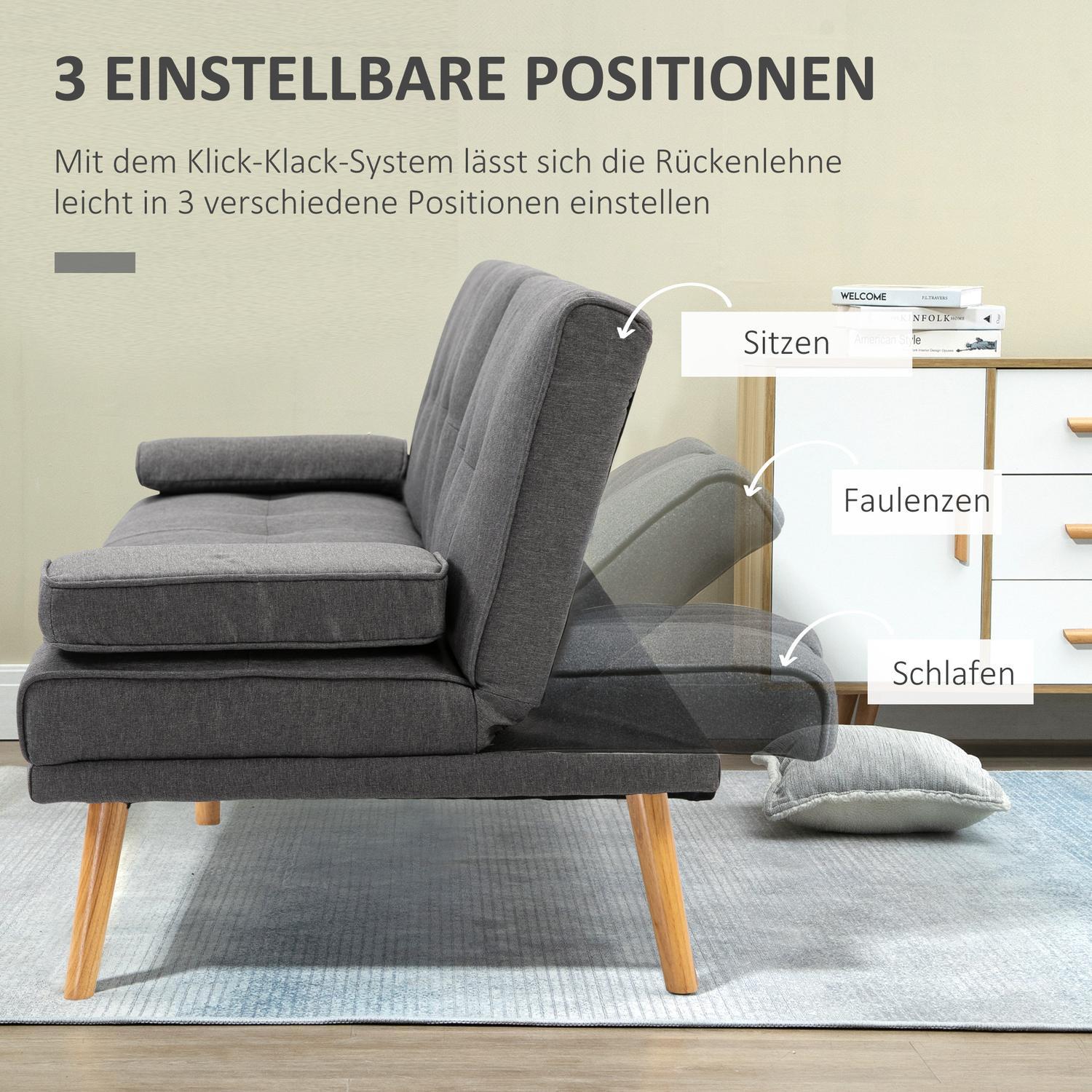 Sovesofa 3-personers sovesofa med klapbord, kopholder, Scandi Design, Mørkegrå, Op til 250 kg