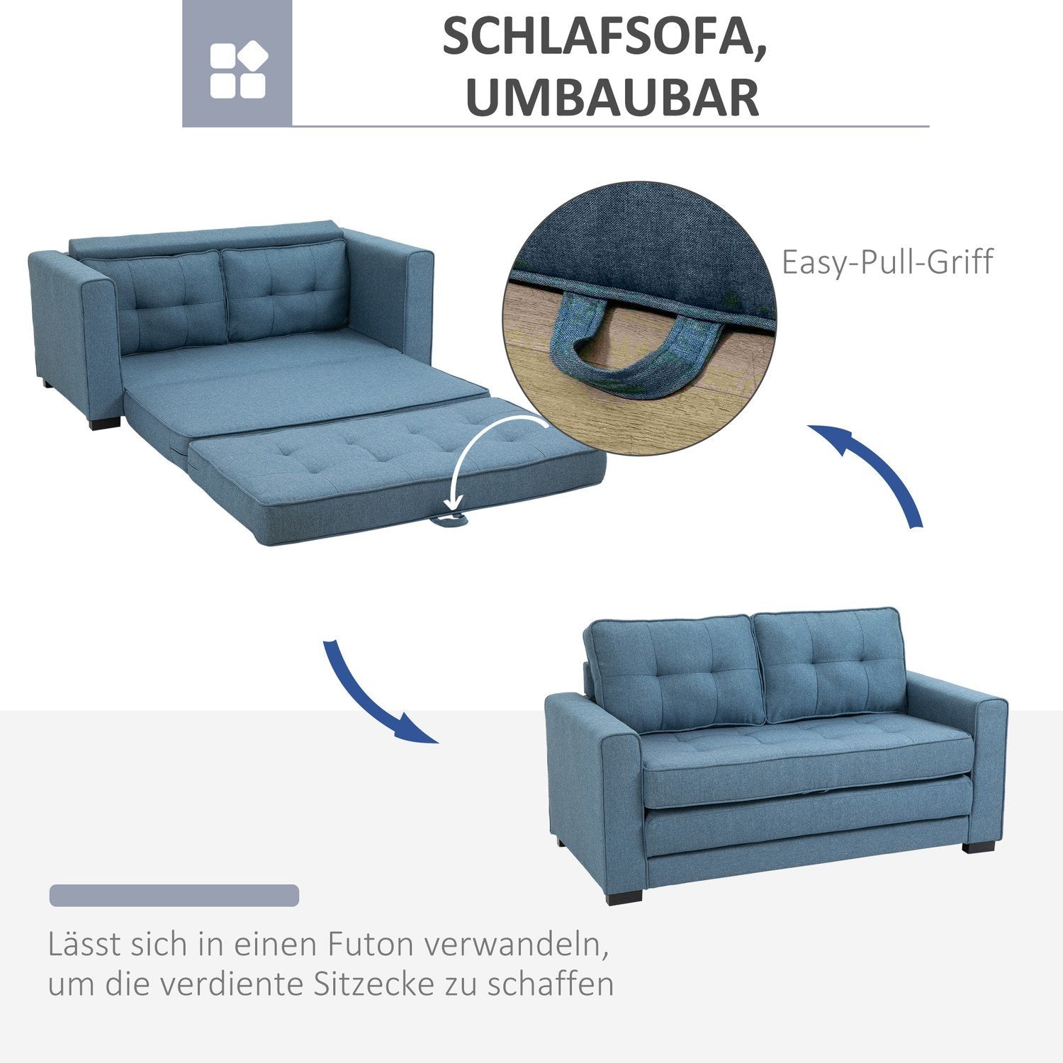 Sovesofa Foldesofa 2-Pers. Sovesofa I Stof Med Sovefunktion Sofasæt Linned Touch Gummi Træ Blå 147,5 X 75 X 85 Cm