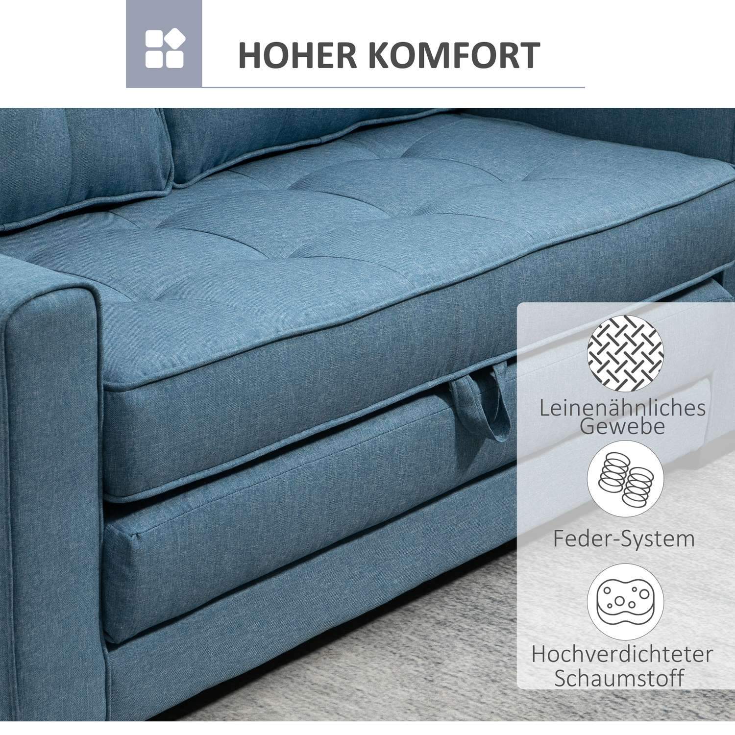 Sovesofa Foldesofa 2-Pers. Sovesofa I Stof Med Sovefunktion Sofasæt Linned Touch Gummi Træ Blå 147,5 X 75 X 85 Cm