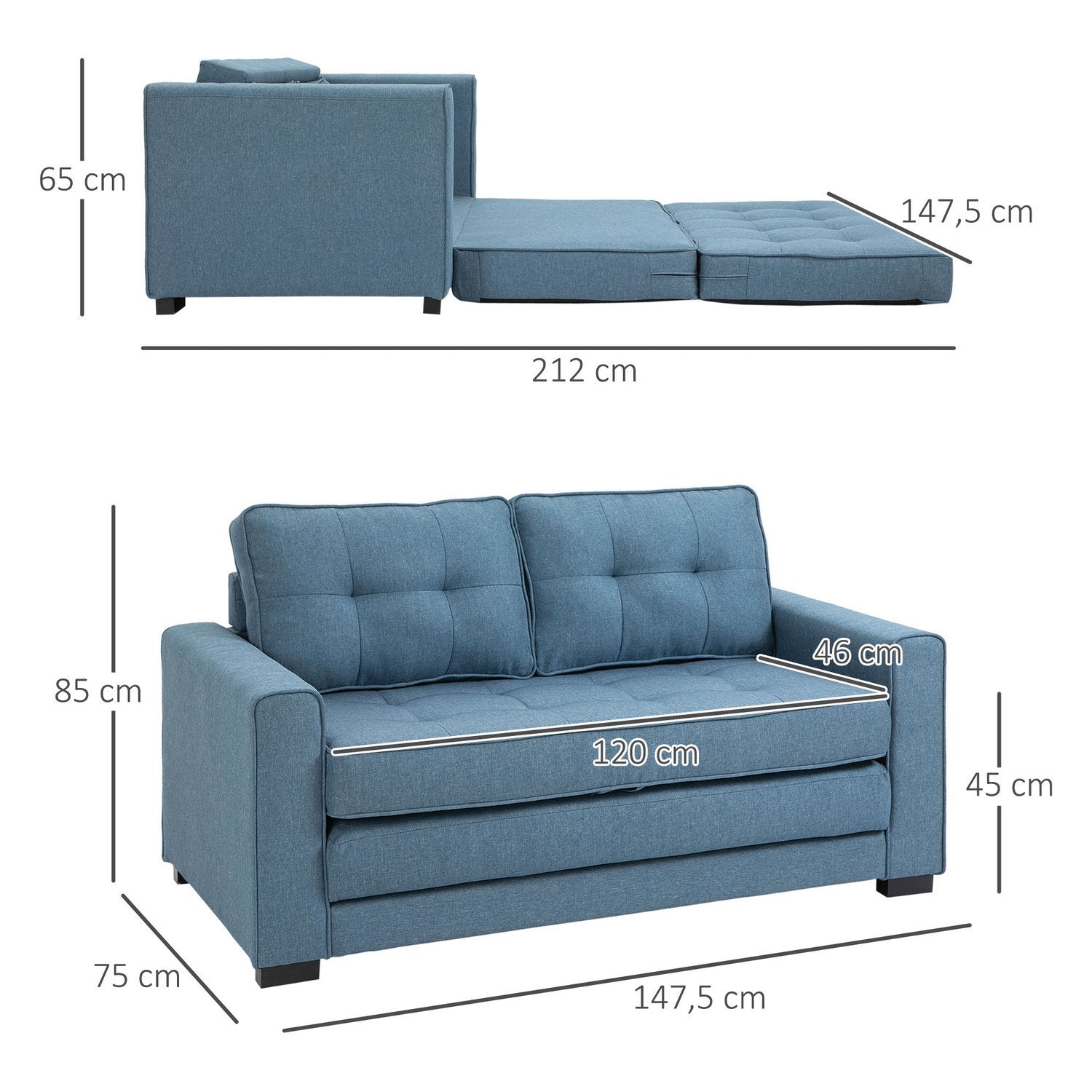 Sovesofa Foldesofa 2-Pers. Sovesofa I Stof Med Sovefunktion Sofasæt Linned Touch Gummi Træ Blå 147,5 X 75 X 85 Cm