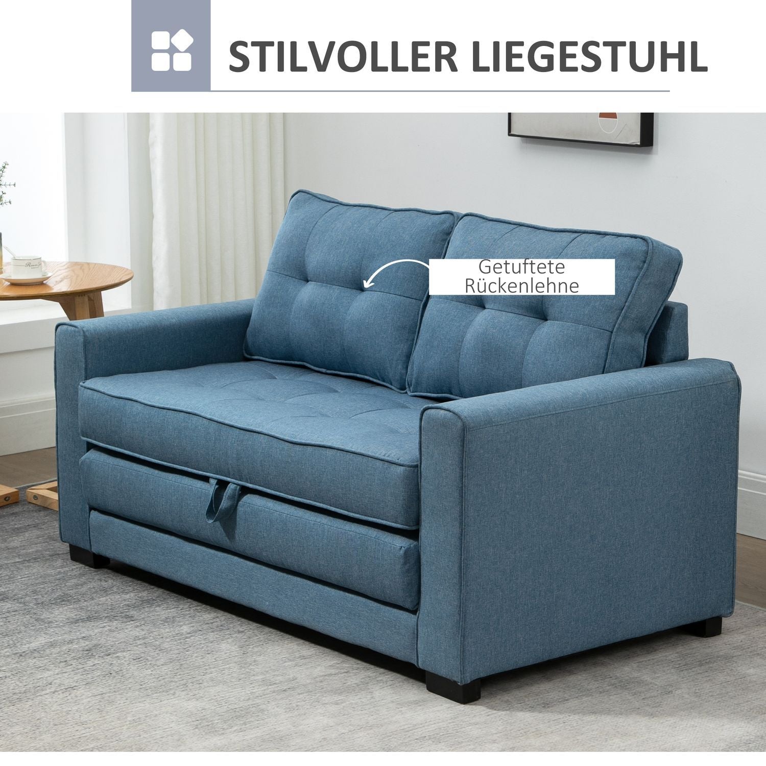 Sovesofa Foldesofa 2-Pers. Sovesofa I Stof Med Sovefunktion Sofasæt Linned Touch Gummi Træ Blå 147,5 X 75 X 85 Cm