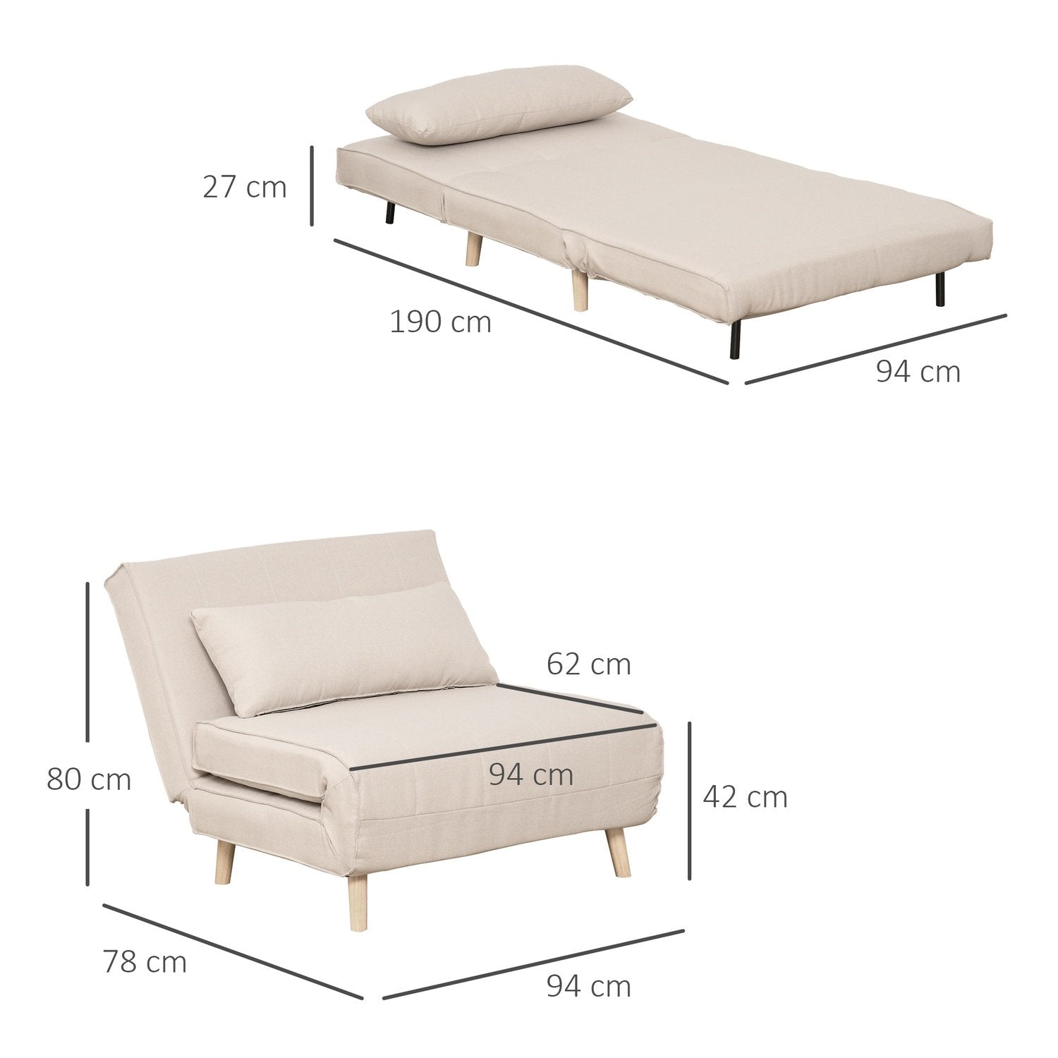 Sovesofa, Enkeltsofa, Sovesofa, Foldesofa med justerbart ryglæn, Nordic, Imiteret linned