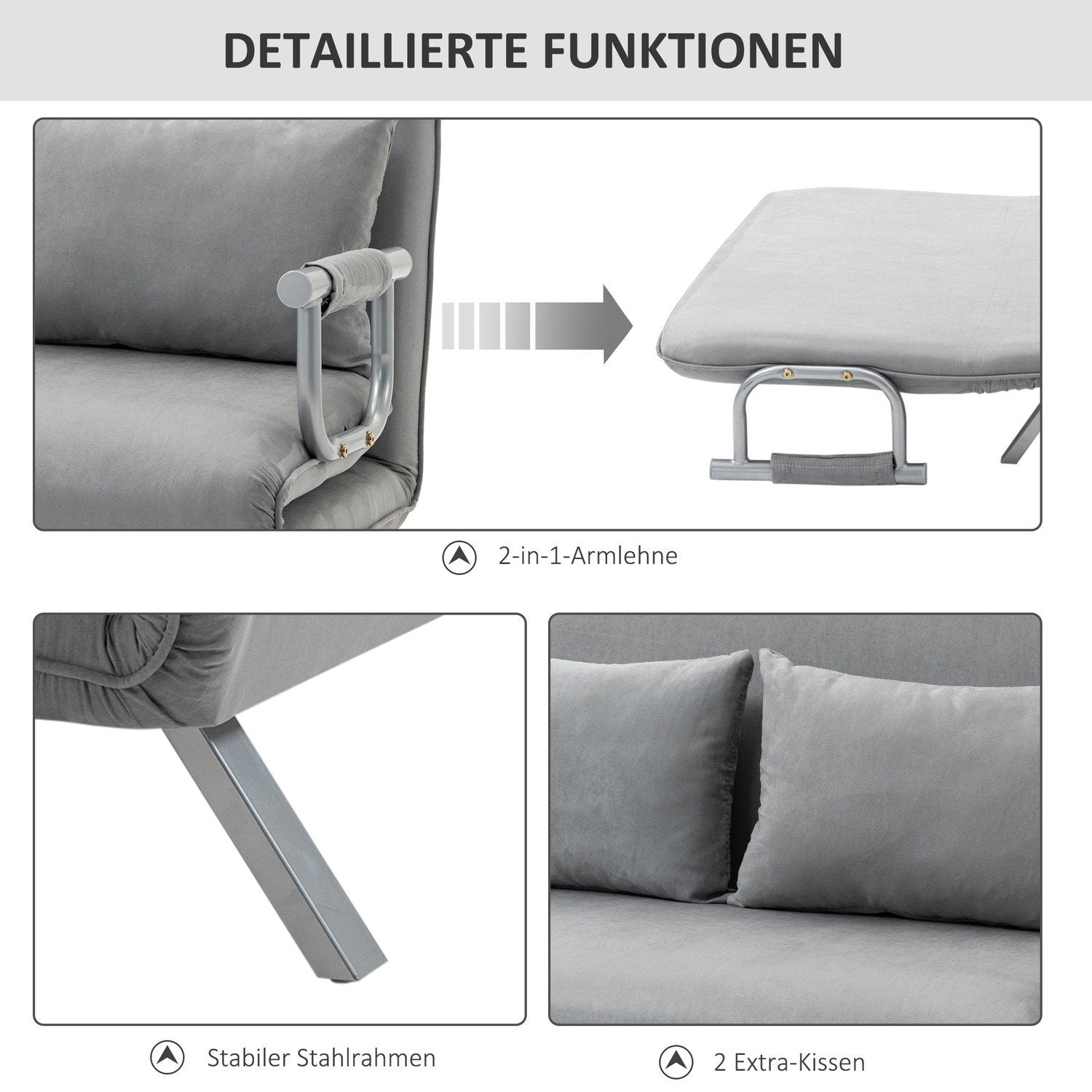 Bäddsoffa Tvåsitssäng Funktion & Kuddar, Justerbar Soffa, Upp Till 150 Kg, Ljusgrå